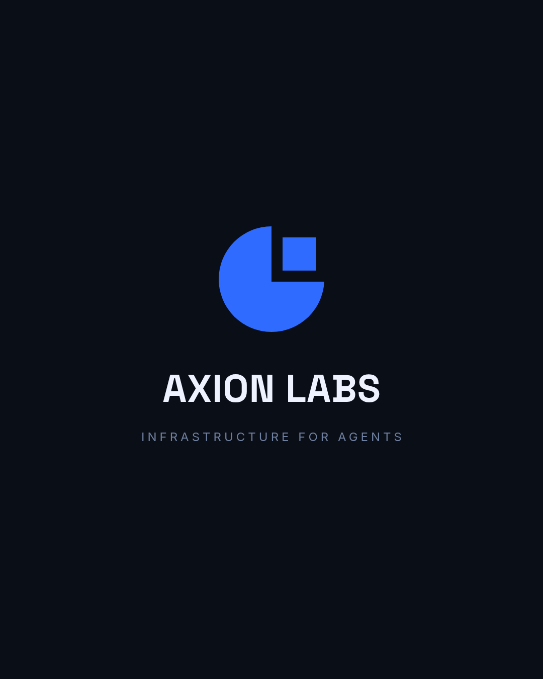 Abstraktes geometrisches Logo: eine blaue Dreiviertelscheibe mit einem kleinen losgelösten Quadrat, darüber AXION LABS