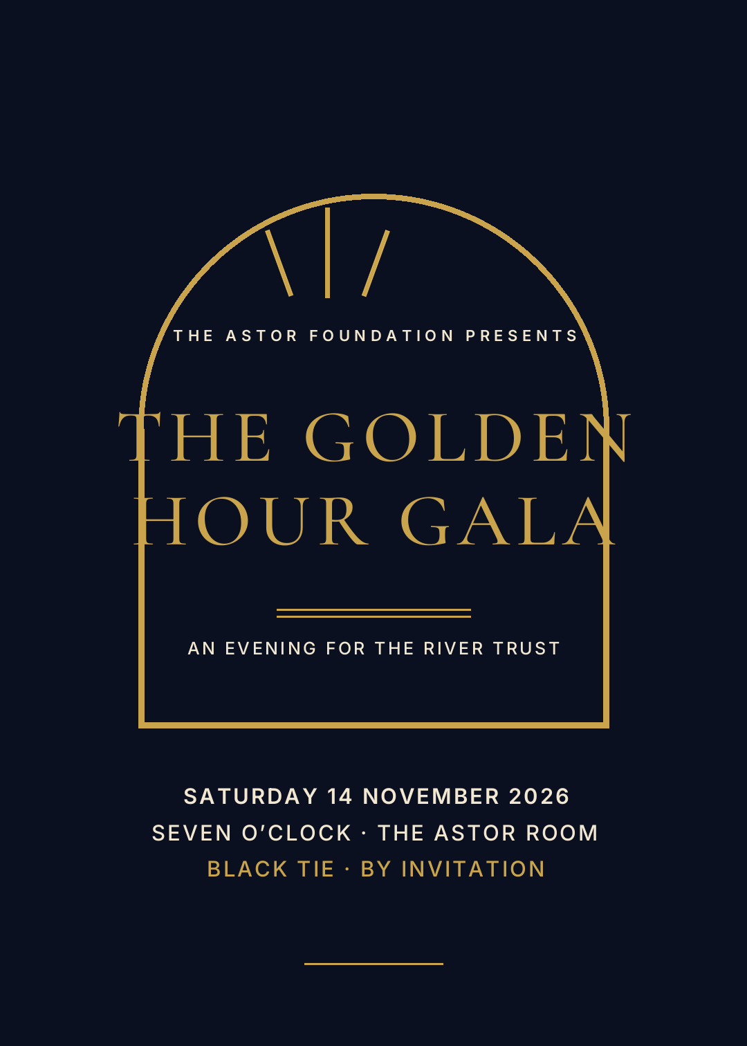 深蓝黑装饰艺术晚宴海报,细金色拱门与大字距衬线标题 THE GOLDEN HOUR GALA