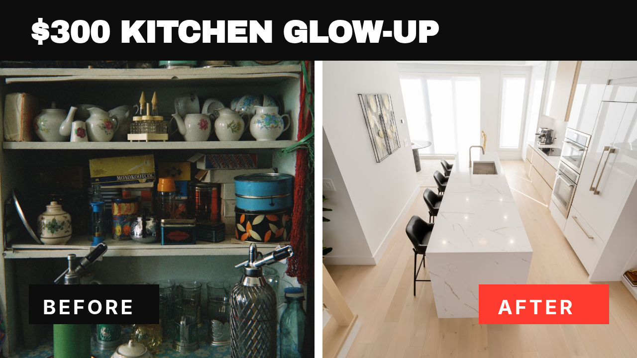 Miniatura de YouTube partida con una cocina vieja y una cocina reformada etiquetadas ANTES y DESPUÉS