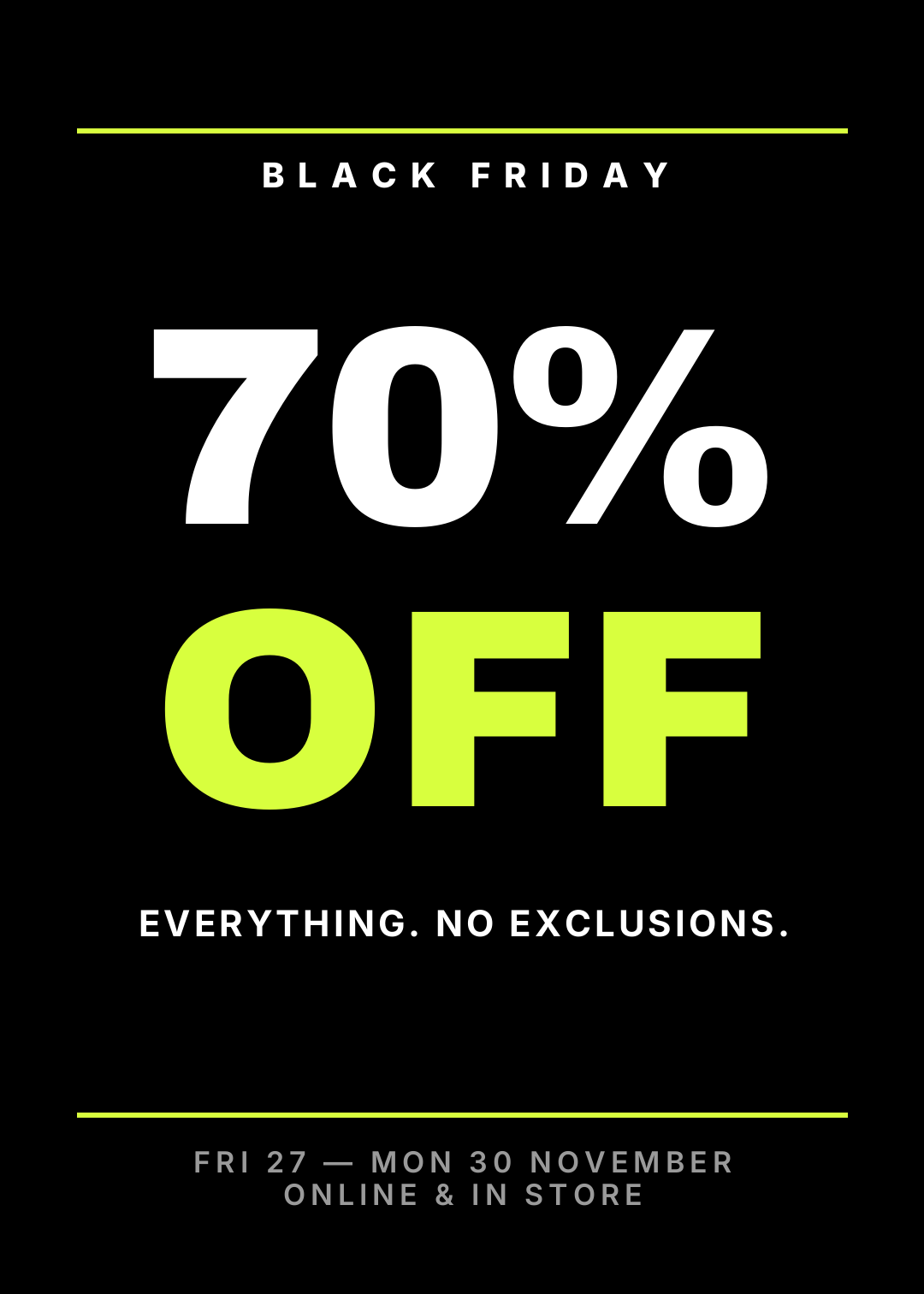 Black Friday poster with 70% off in huge white and acid-yellow type on a black background