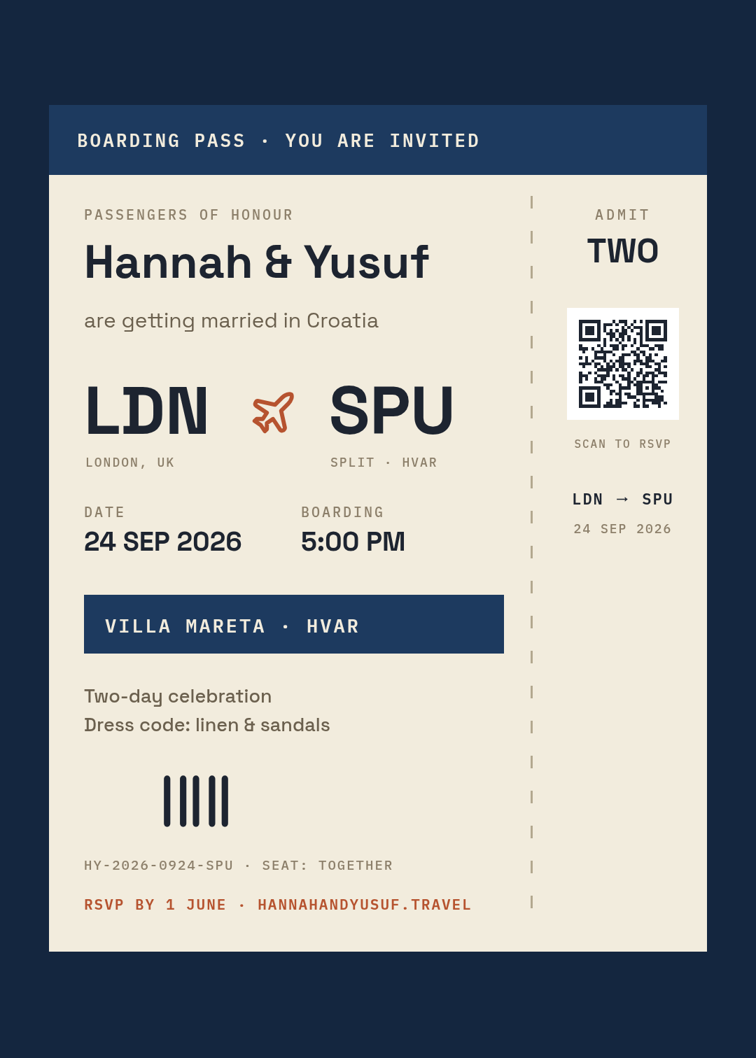 Bordkarten-Hochzeitseinladung für Destination Wedding mit Routencodes und Abriss