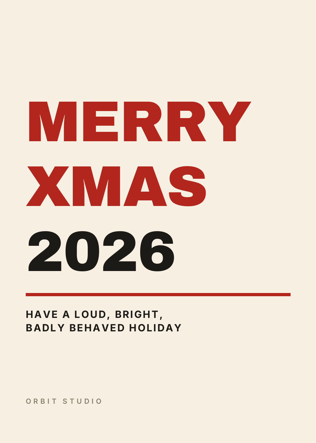 Cremefarbene Weihnachtskarte mit MERRY XMAS in riesigen roten Blockversalien und 2026 in Schwarz