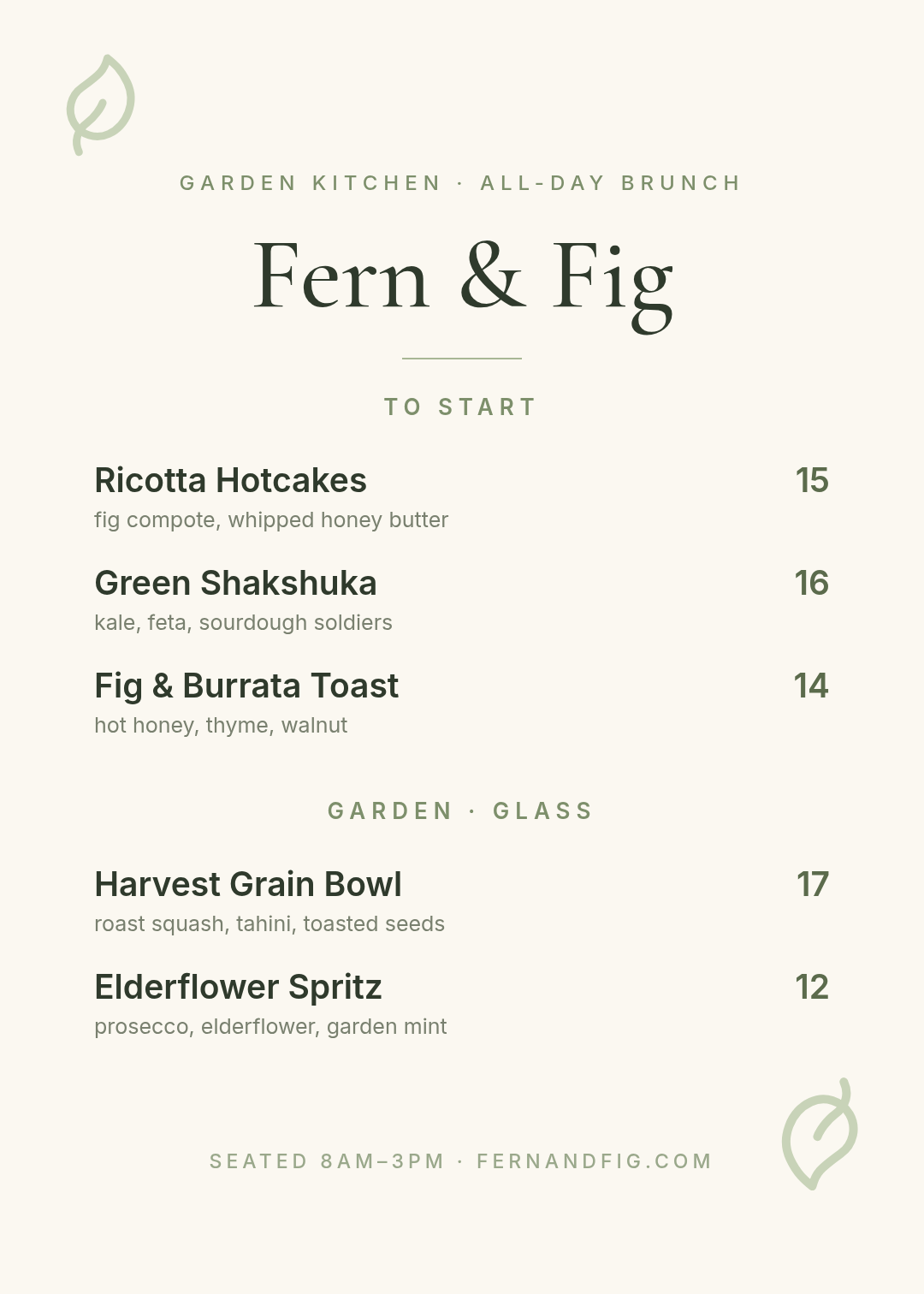 Design de cardápio de brunch botânico com folhas verde-sálvia e título em Cormorant Garamond