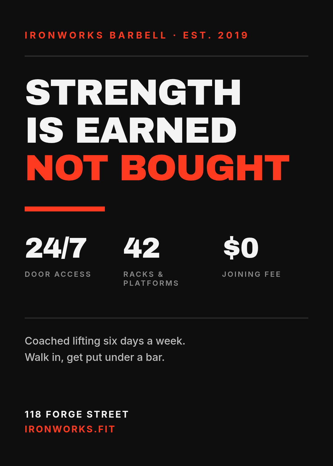 粗野主义健身房海报,黑底上有巨大的白色压缩字体 STRENGTH IS EARNED NOT BOUGHT,下方一排数据