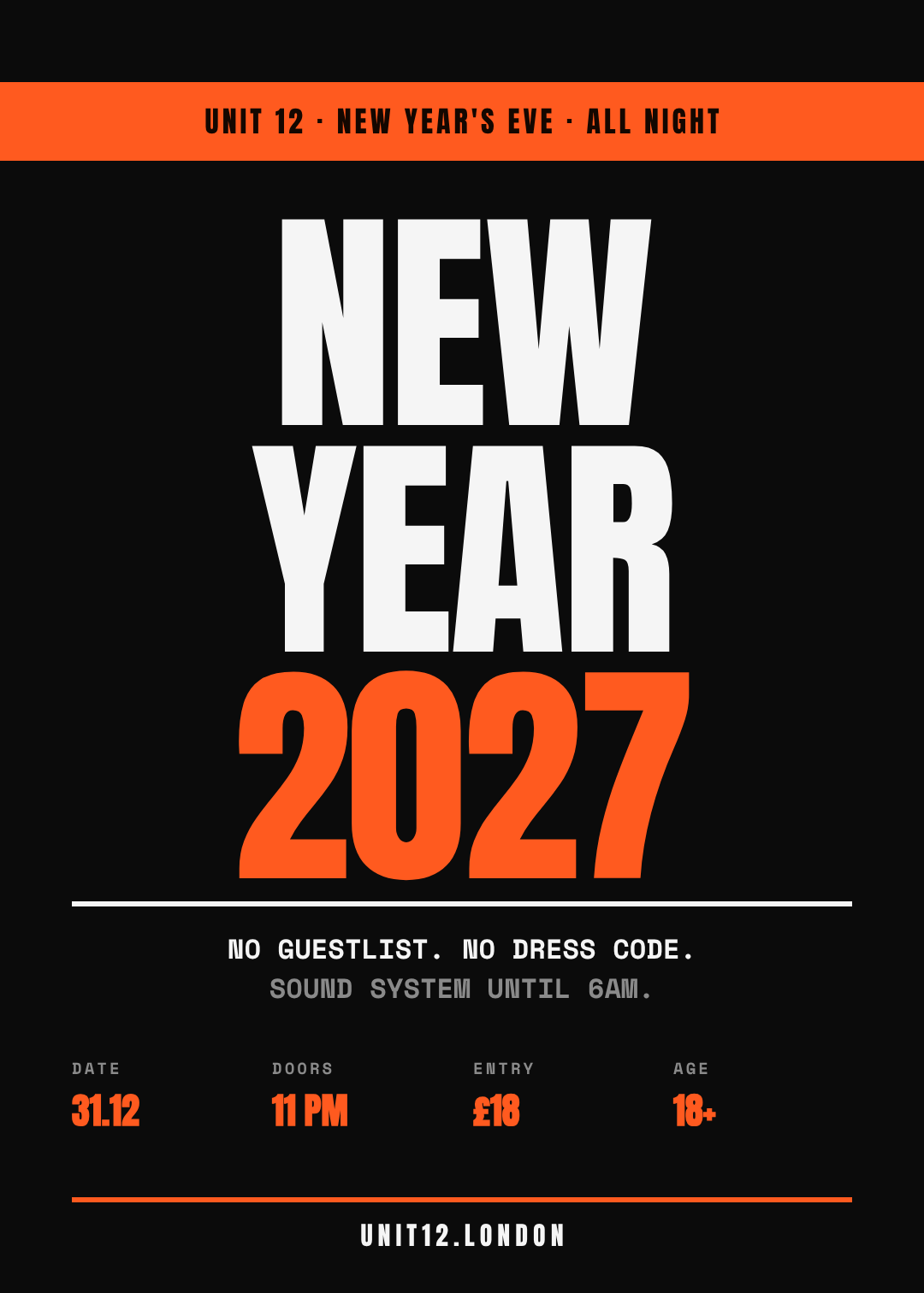 2027年ブルータリズム調の年越しポスター。黒地に白と蛍光オレンジの巨大なコンデンス体を積む