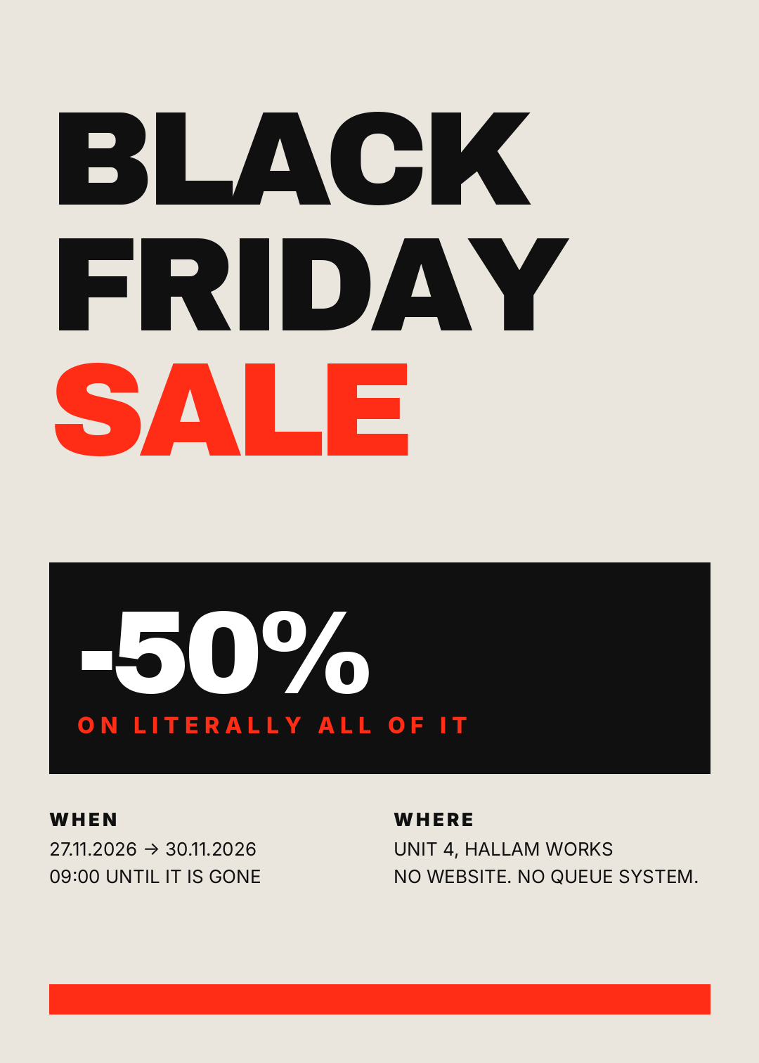 Off-white brutalist Black Friday poster with cramped oversized black and red type and a -50% block