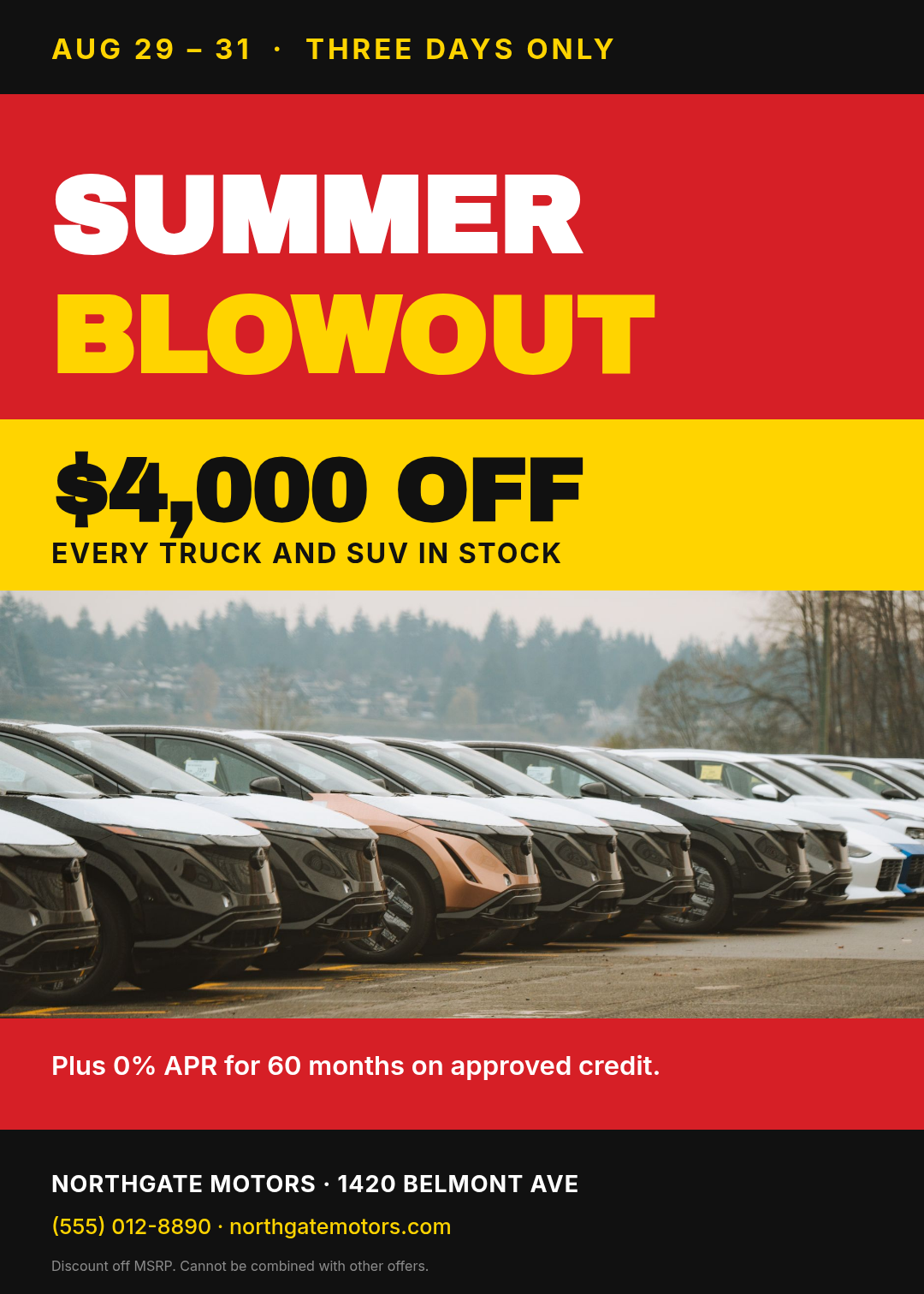 Red and yellow car dealership sale flyer with $4,000 off set very large over a photo of a dealership lot