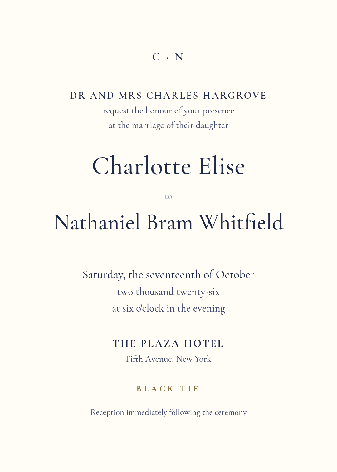 Klassische formelle Black-Tie-Hochzeitseinladung mit marineblauem Doppelrahmen und Monogramm