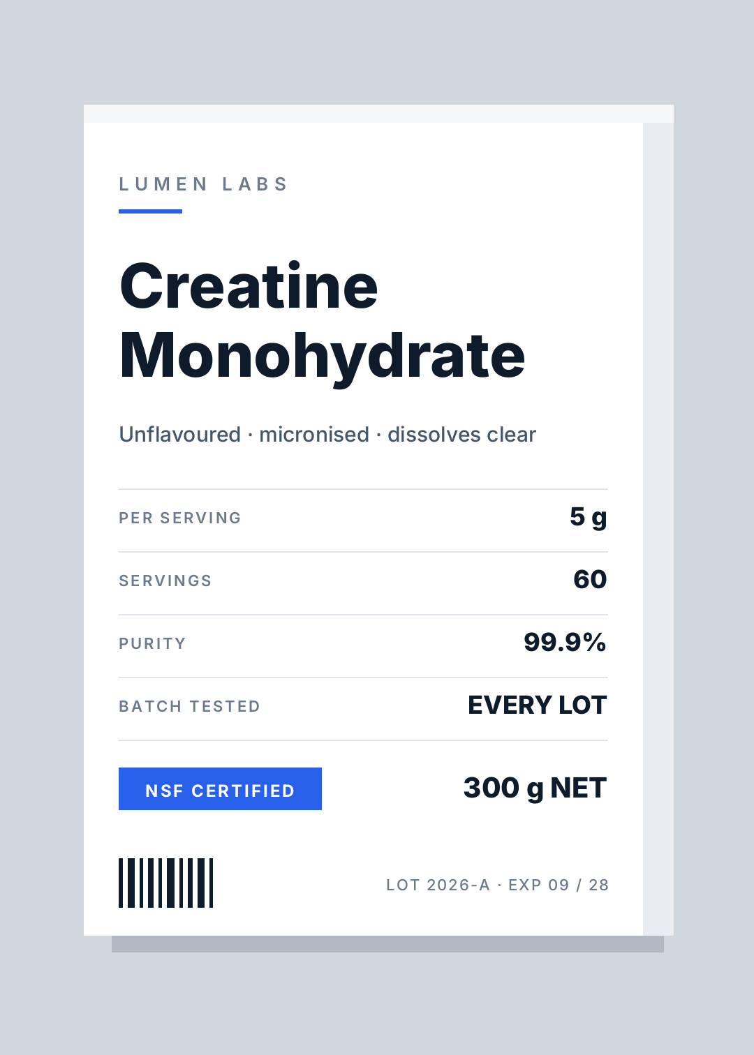 白いサプリの箱。青い罫と、正面に置かれた用量の表