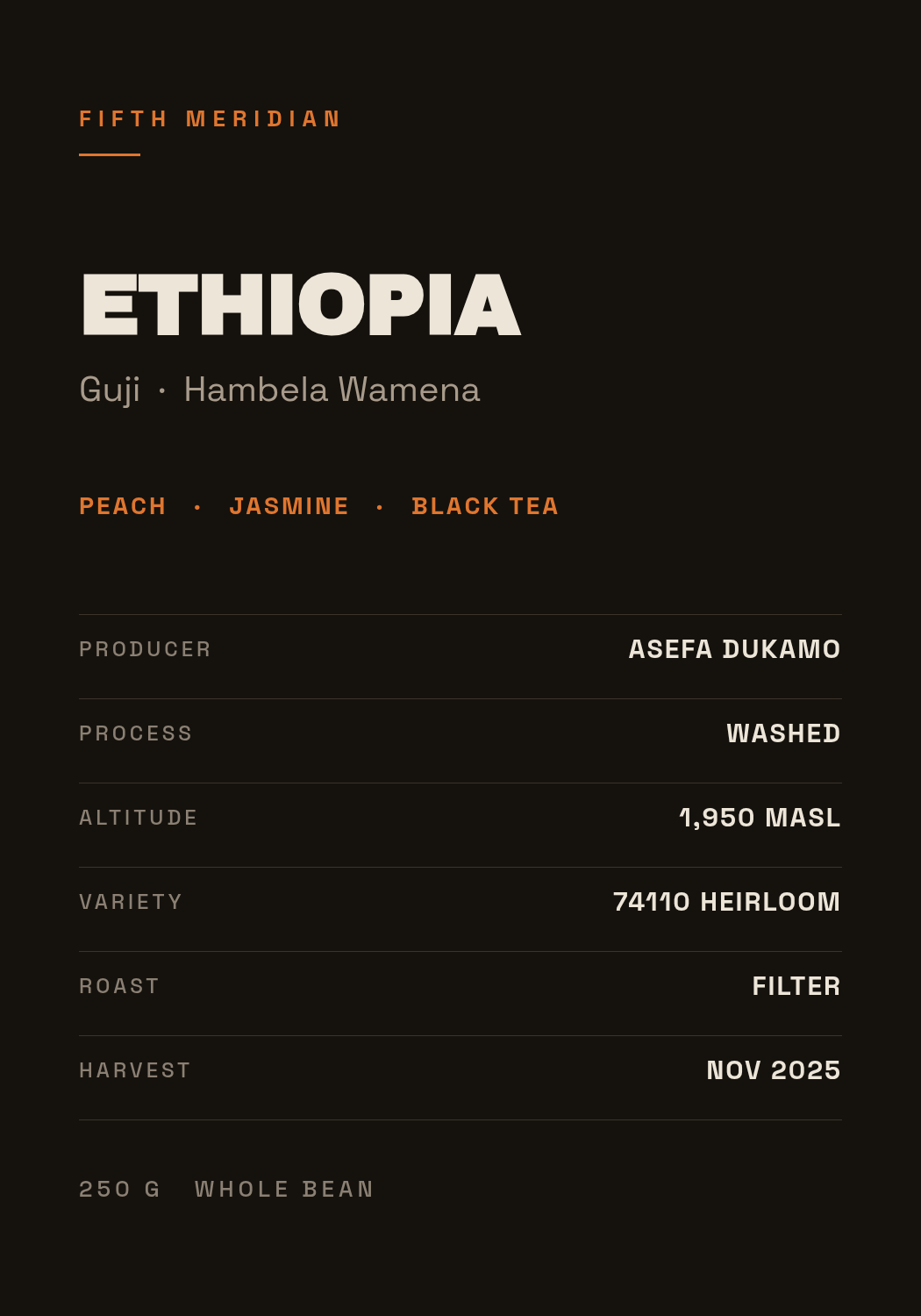 Rótulo de saco de café quase preto com ETHIOPIA em maiúsculas pesadas e uma tabela de seis linhas