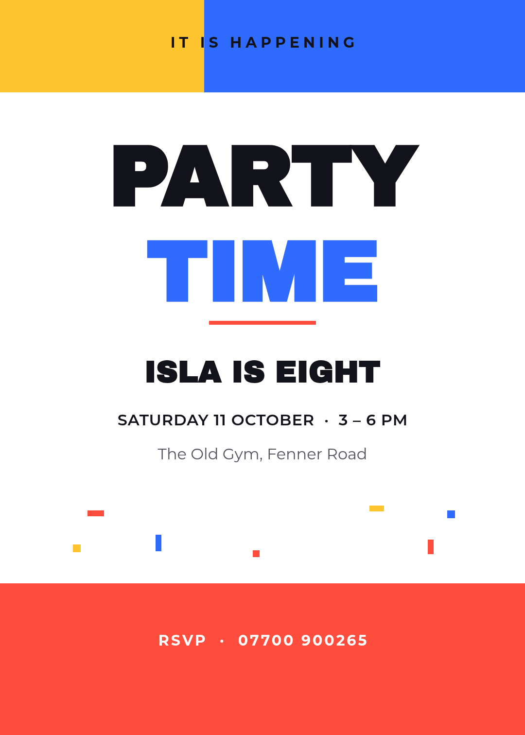 Colour-block birthday invitation with yellow and blue bands at the top, PARTY TIME in heavy black and blue type, confetti rectangles and a red foot with the RSVP number