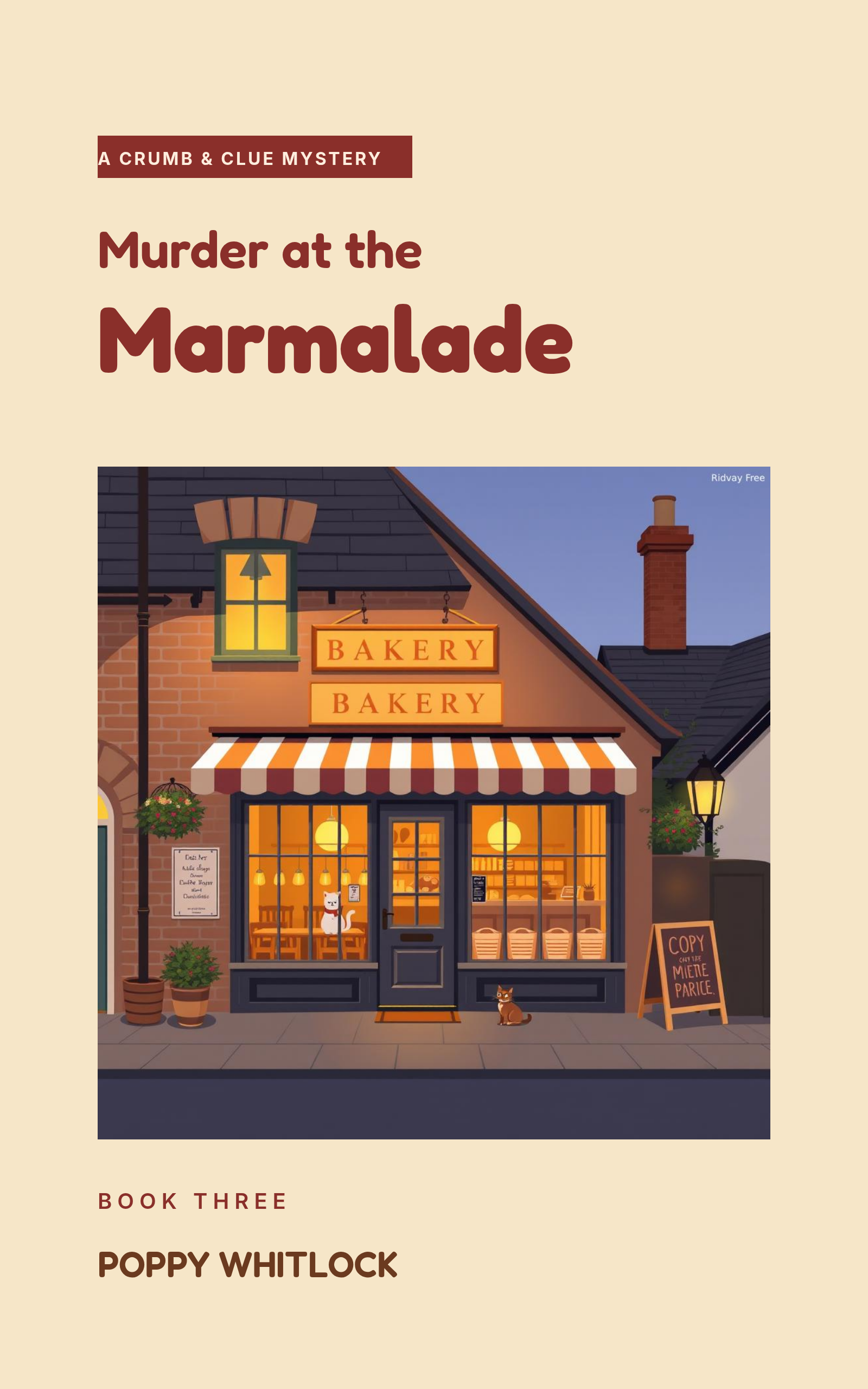 Cozy mystery cover with an illustrated bakery storefront on a warm cream background