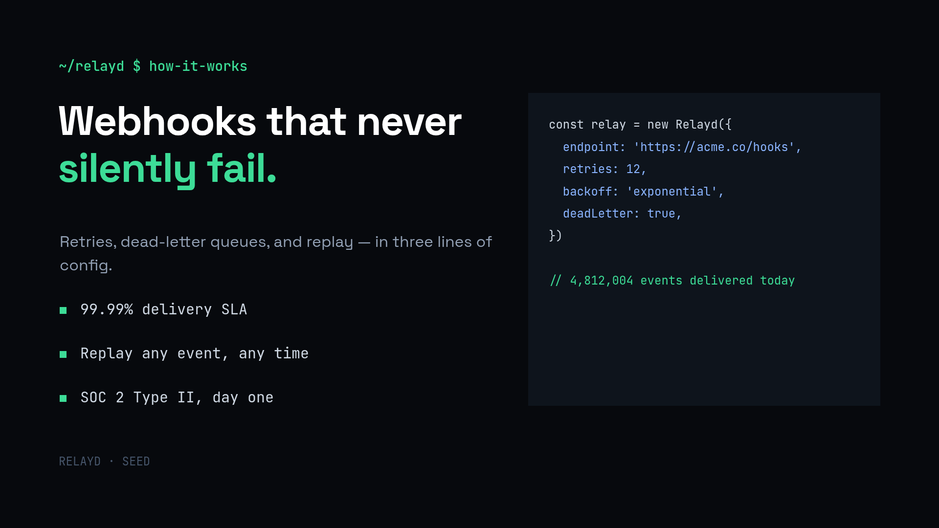 Near-black pitch deck product slide with a green terminal prompt, white headline and a code panel on the right