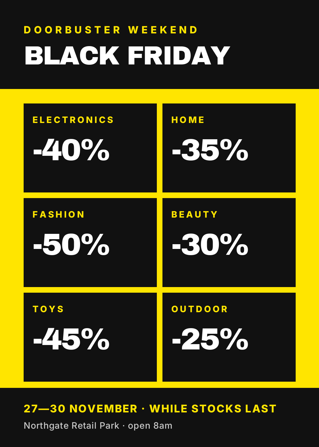 Yellow Black Friday doorbuster poster with a grid of black cells showing a discount per department