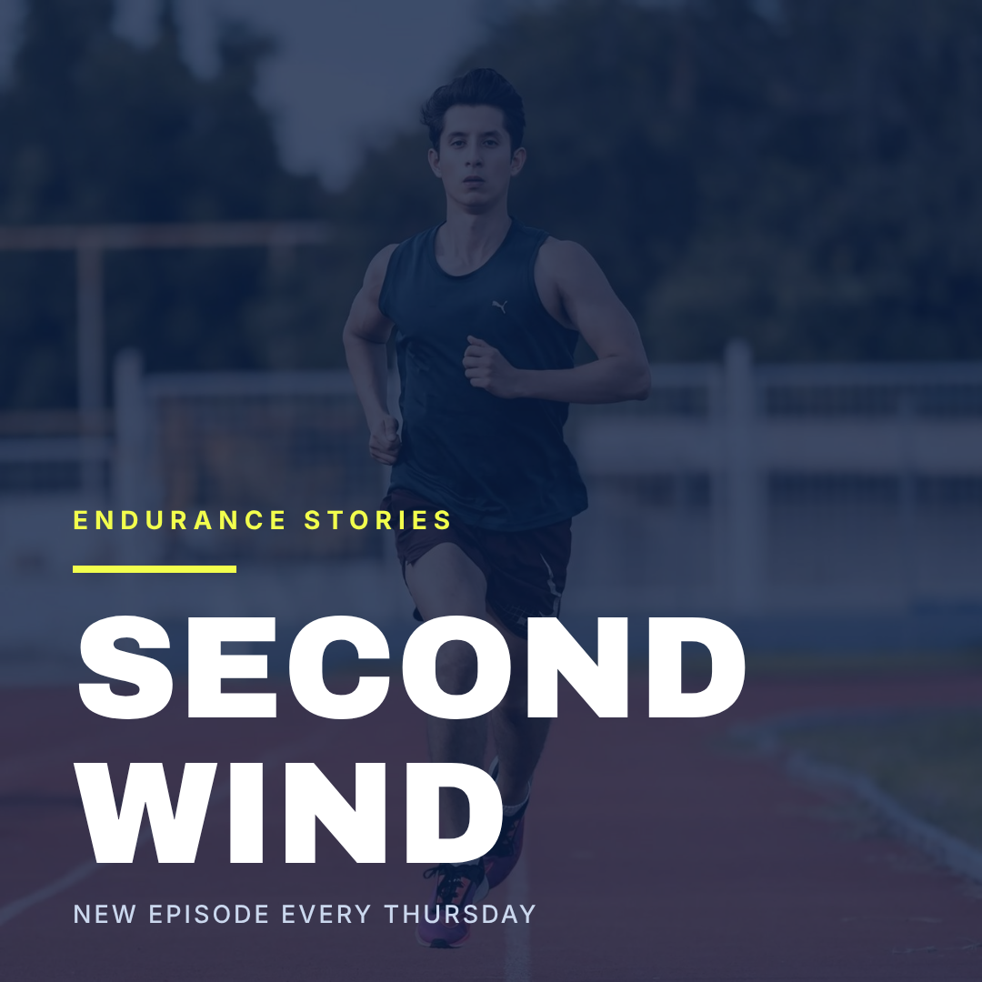 トラックを走るランナーを濃紺に染め、白のSECOND WINDを載せたカバー