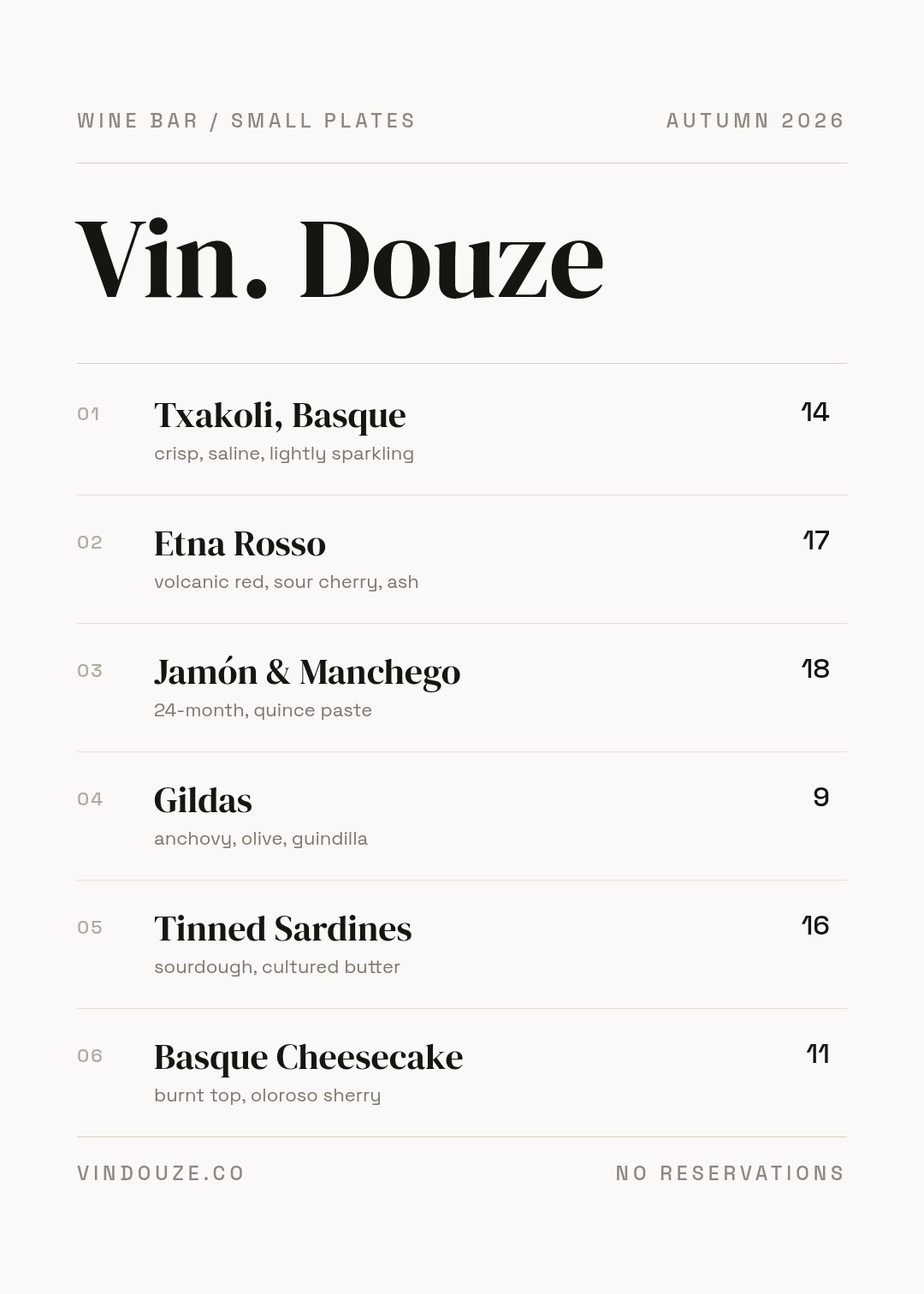 Design de carta de bar de vinhos em estilo editorial com itens numerados e fios finos