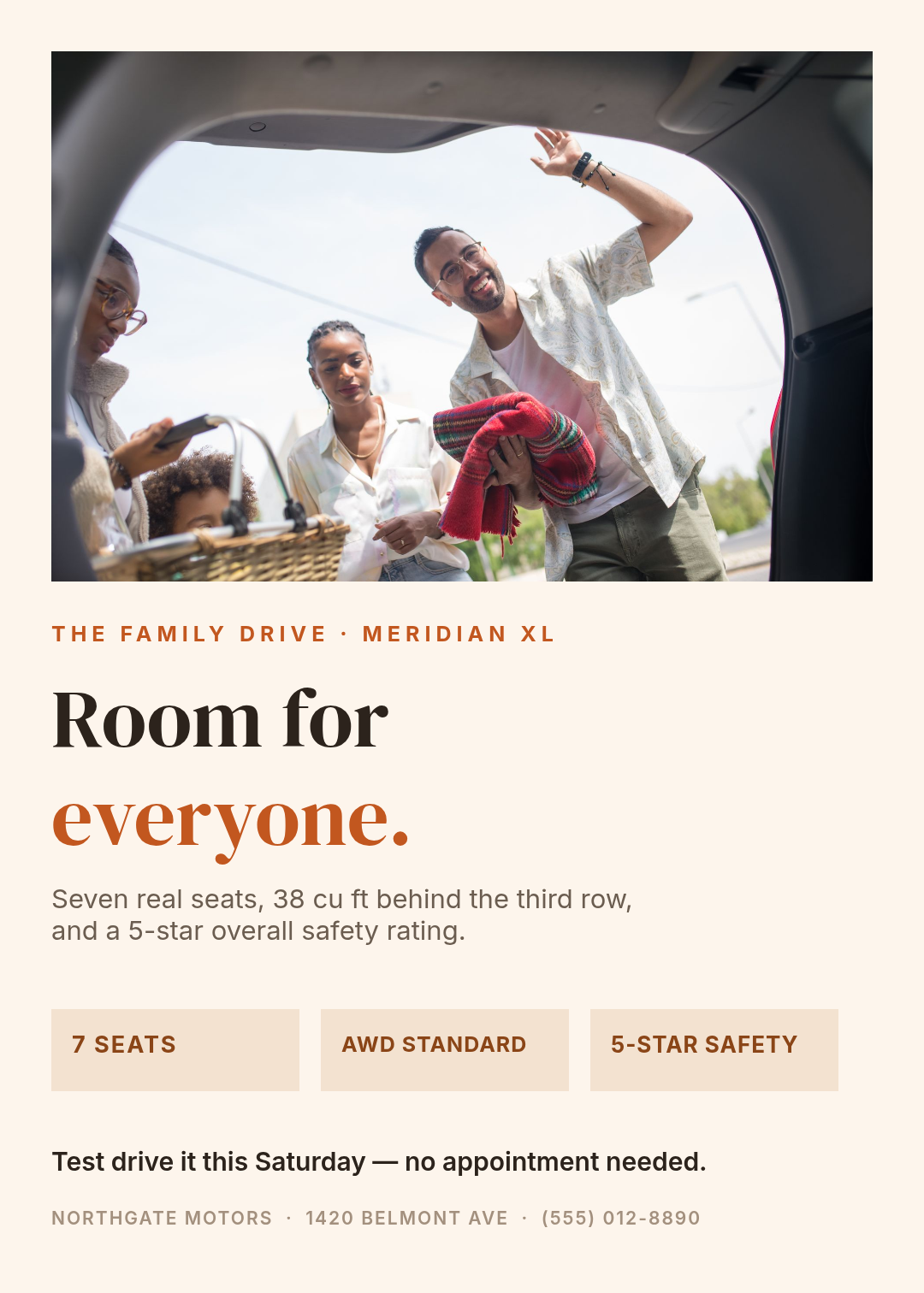 Warm family SUV brochure with a candid photo of a family loading the boot and a serif headline