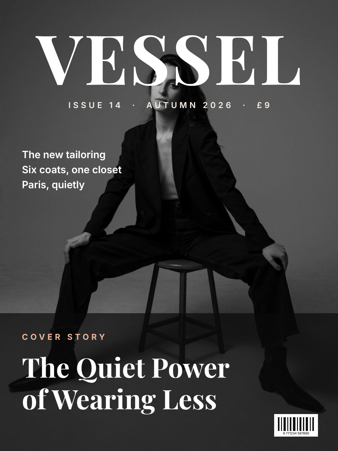 Fashion magazine cover with a large serif masthead over a studio portrait