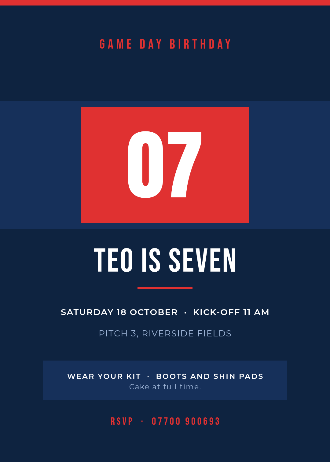 Football game day birthday invitation on navy with a red jersey block containing the number 07 and TEO IS SEVEN in a condensed all-caps face