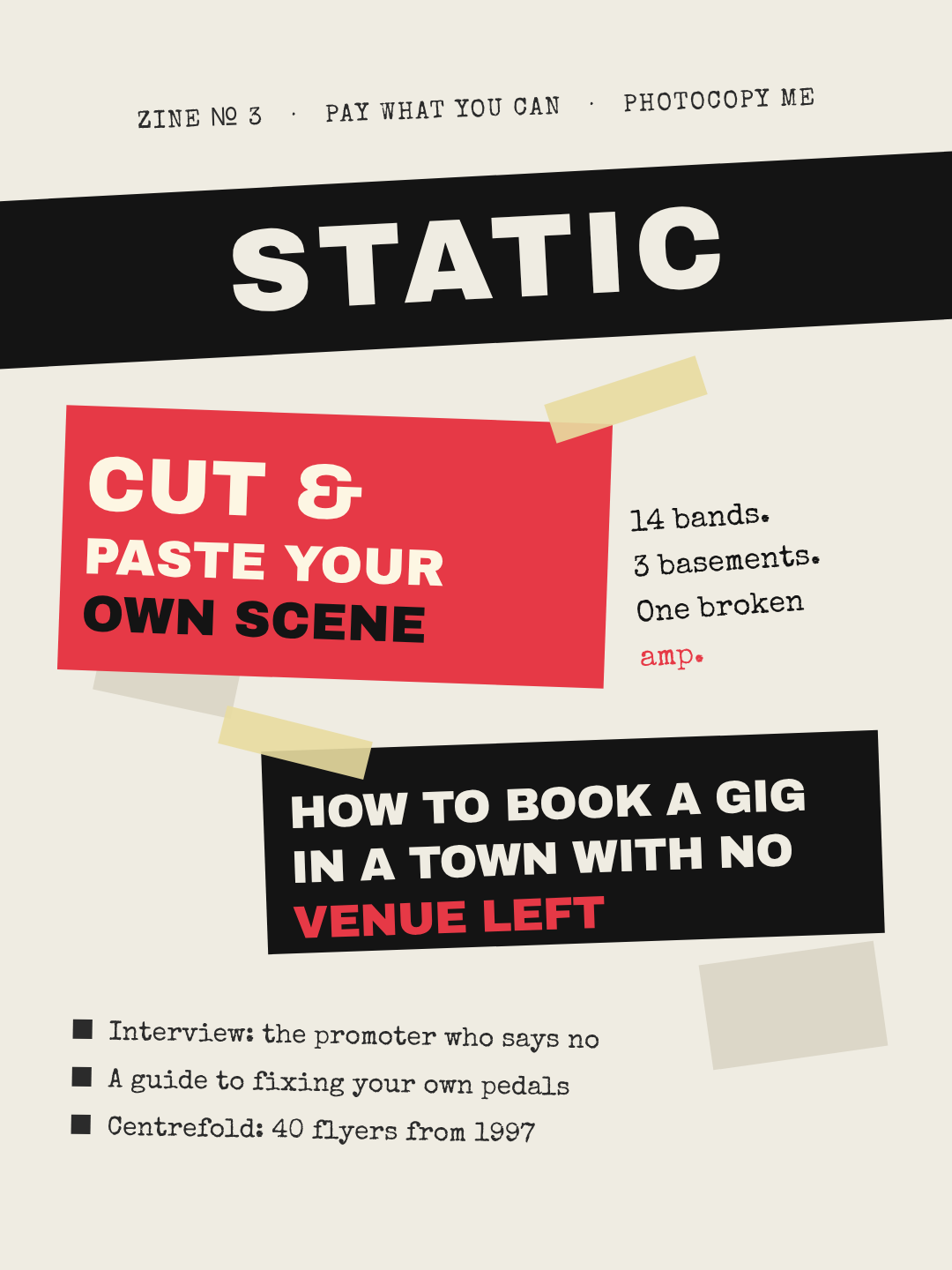 Zine-style magazine cover with rotated black and red blocks and typewriter text