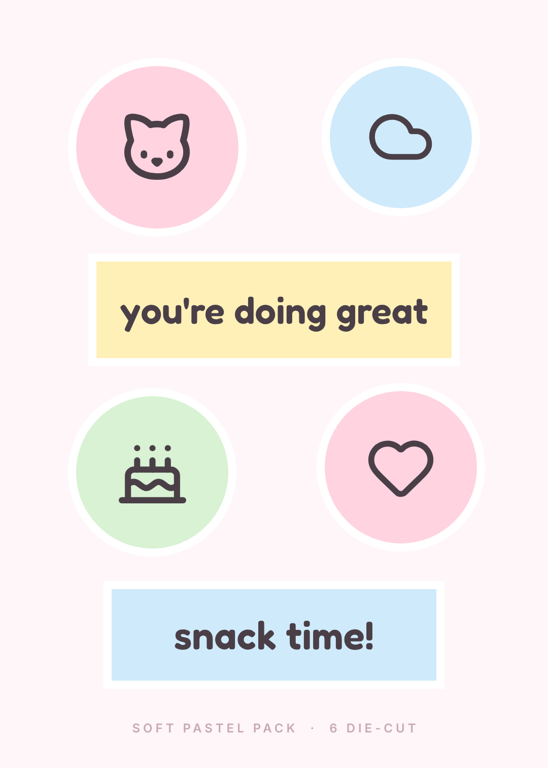Pale pink sticker sheet with soft pastel stickers — a cat, a cloud, a cake, a heart — and two rounded bars reading 