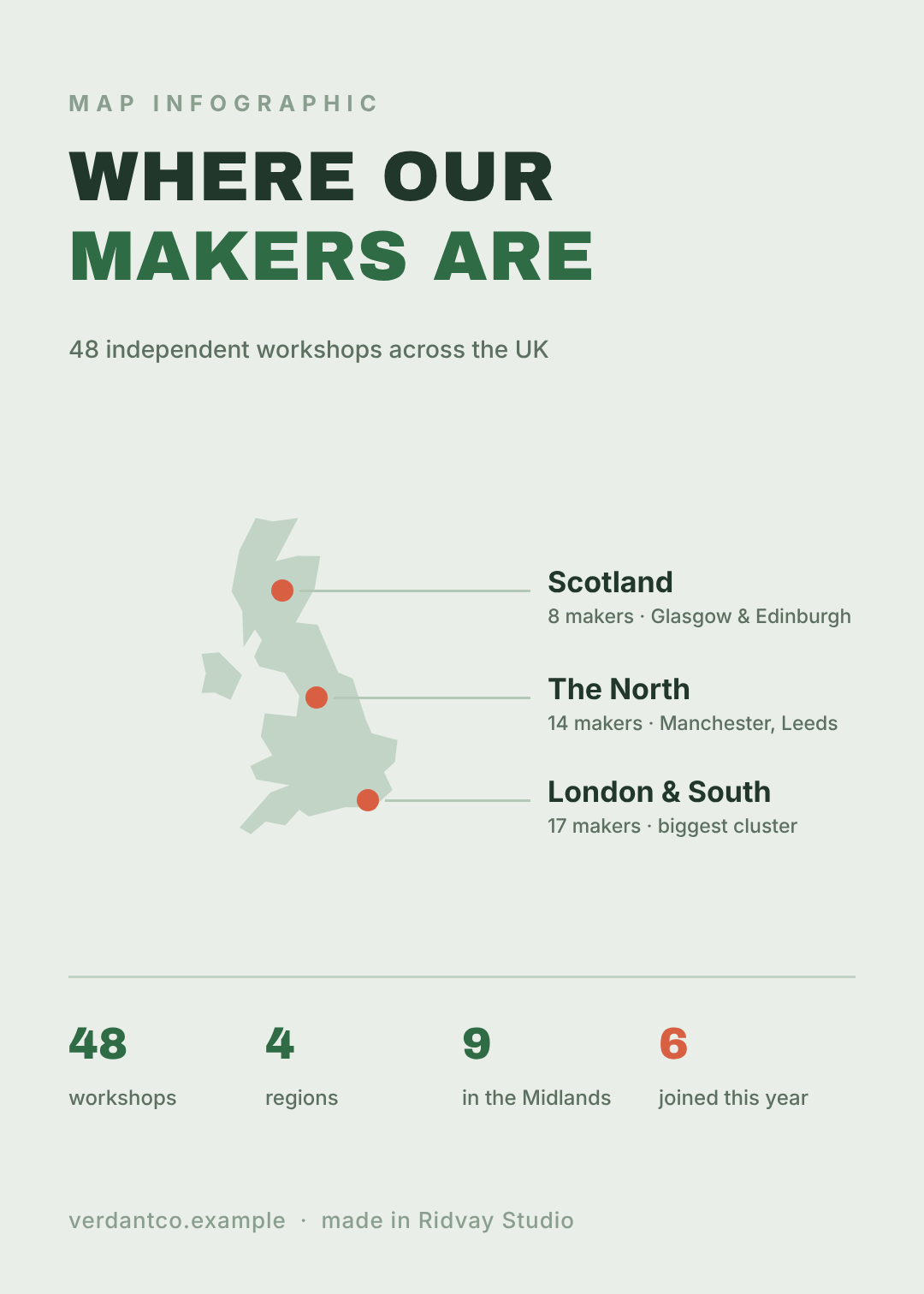 Karten-Infografik auf hellem Grün mit dem Umriss Großbritanniens, drei orangefarbene Nadeln verbunden mit beschrifteten Regionalwerten