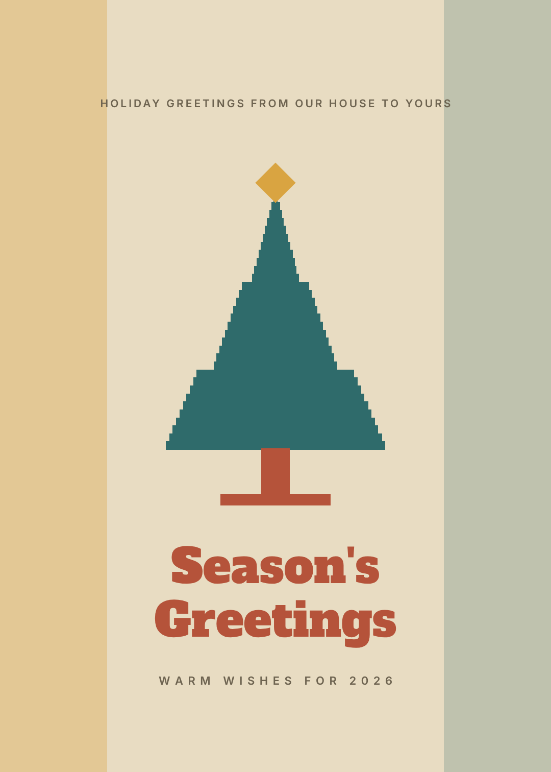 Haferfarbene Weihnachtskarte mit gestufter geometrischer petrolfarbener Tanne und Season's Greetings in einer Slab-Serif