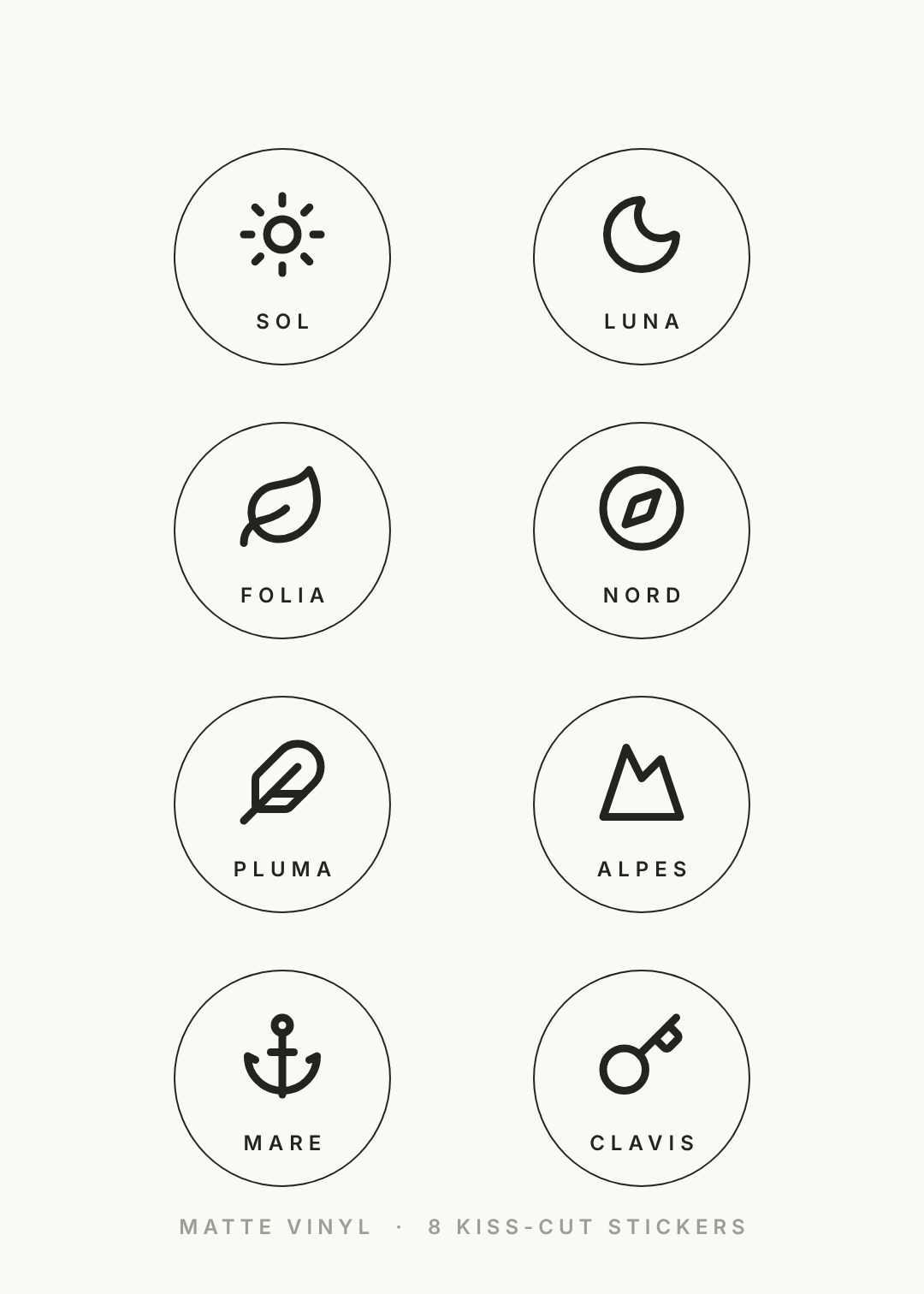 Off-white sticker sheet with eight thin-ringed circles containing fine line icons and small caps labels: SOL, LUNA, FOLIA, NORD, PLUMA, ALPES, MARE, CLAVIS