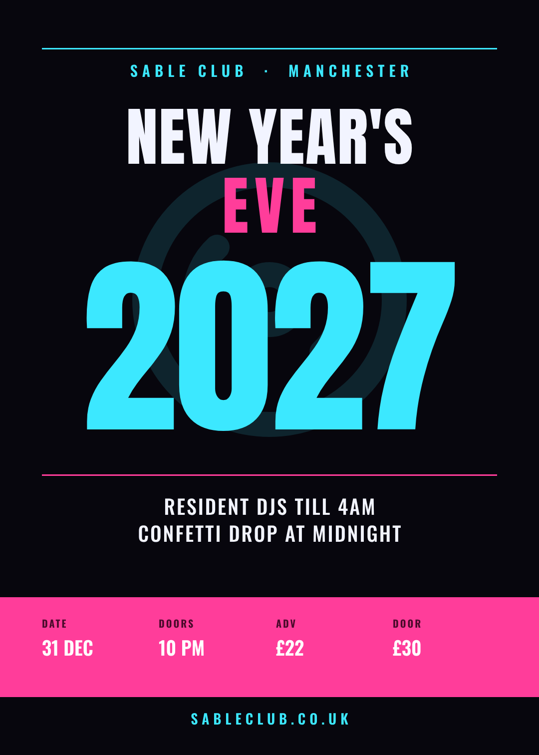2027年ネオンクラブ調の年越しポスター。黒地にシアンの2027とマゼンタの文字、下部にマゼンタの入場情報バー