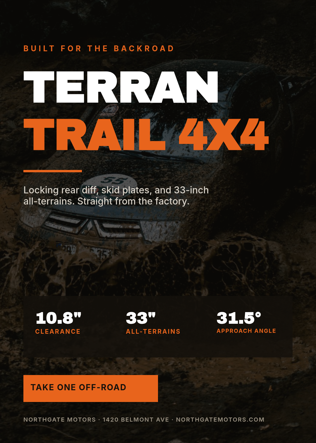 Off-road pickup truck brochure with a full-bleed muddy trail photo, orange accents and a spec panel