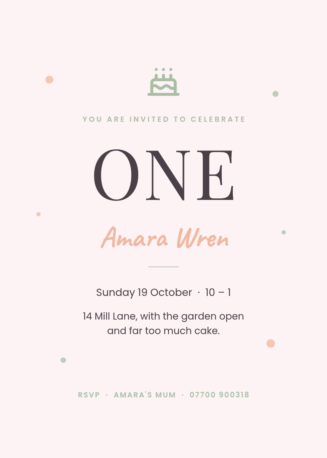 Pastel first birthday invitation on blush with a sage cake icon, the word ONE in a large serif, and the name Amara Wren in a peach handwritten script