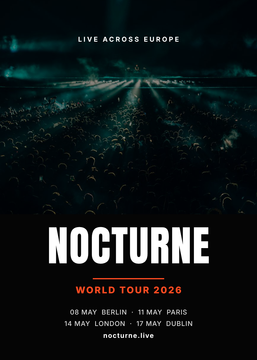 巡演海报,深色人群照片上方,黑色色块中放着 NOCTURNE 标题和巡演日期