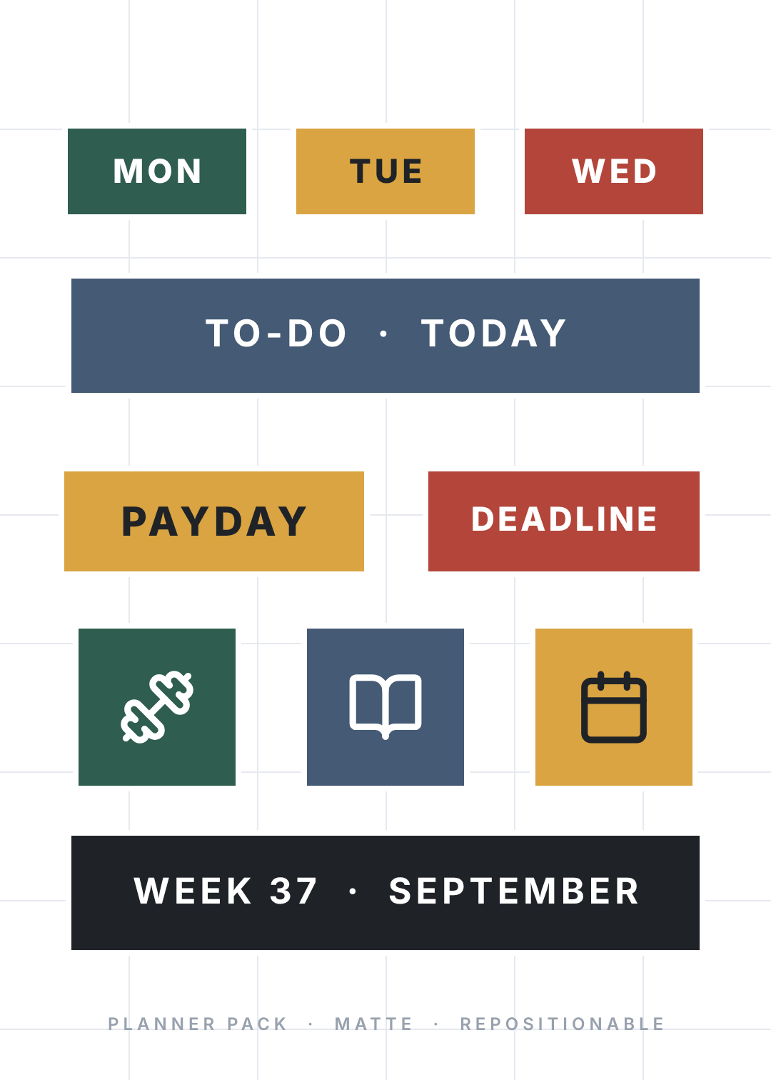 White sticker sheet on a faint grid with rectangular planner stickers: MON, TUE, WED day tabs, a TO-DO · TODAY strip, PAYDAY and DEADLINE flags, three icon squares and a WEEK 37 · SEPTEMBER banner