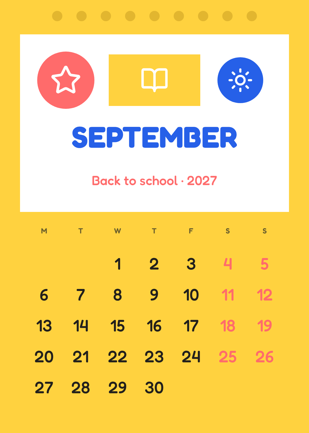 2027年9月の明るい黄色のキッズ壁掛けカレンダーデザイン。丸みのある形とアイコン