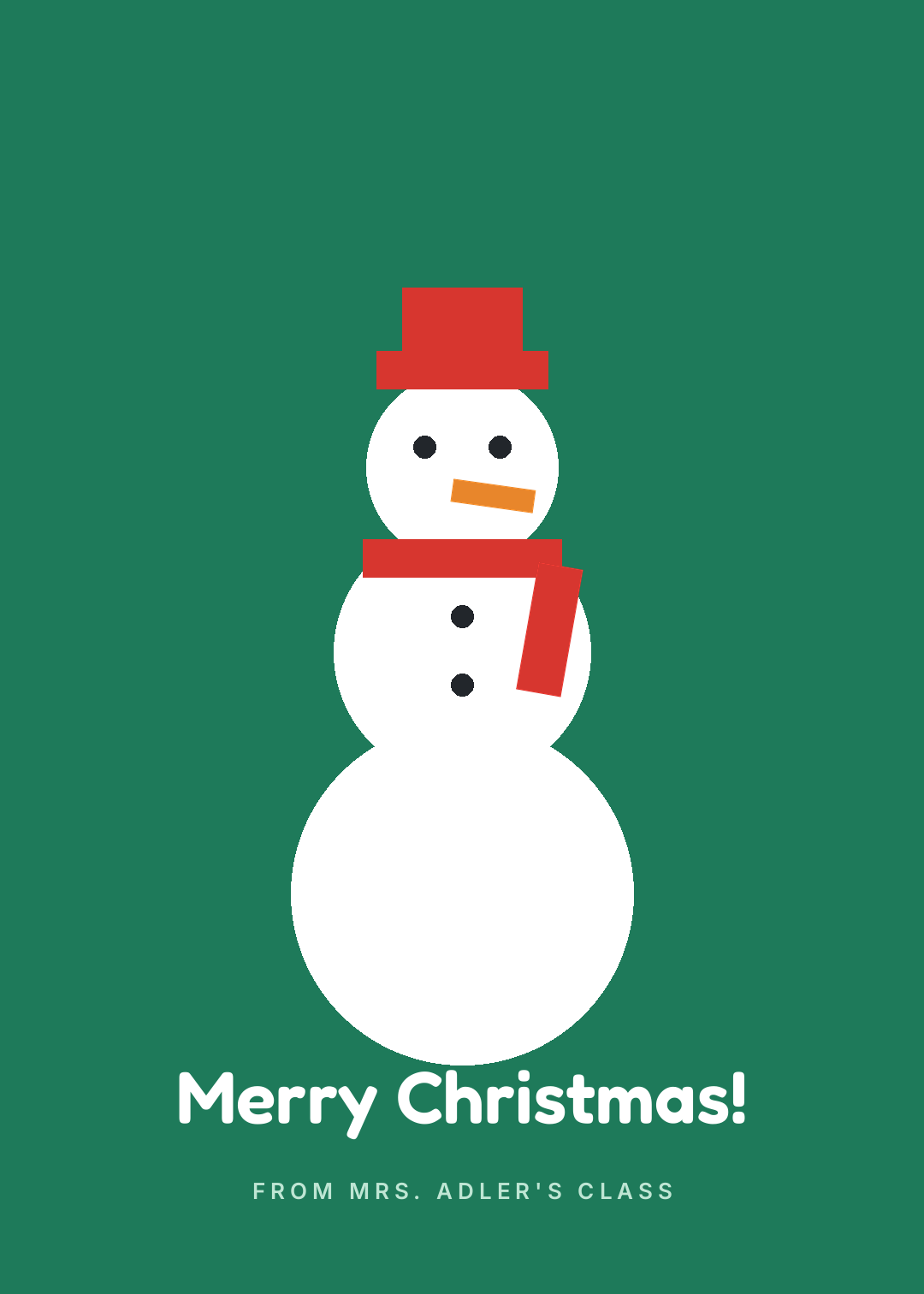 Grüne Weihnachtskarte mit weißem Schneemann mit rotem Zylinder und Schal und Merry Christmas in runder Schrift