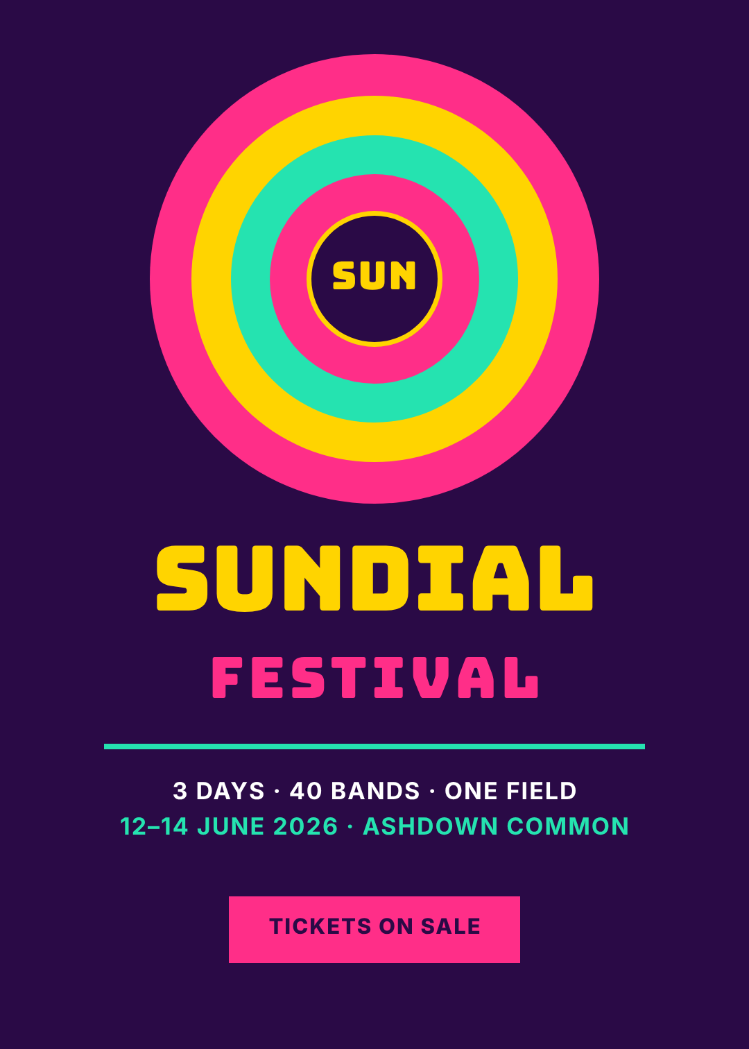 深紫色音乐节海报,粉黄薄荷三色同心圆环,下方是圆润的 SUNDIAL FESTIVAL 标题