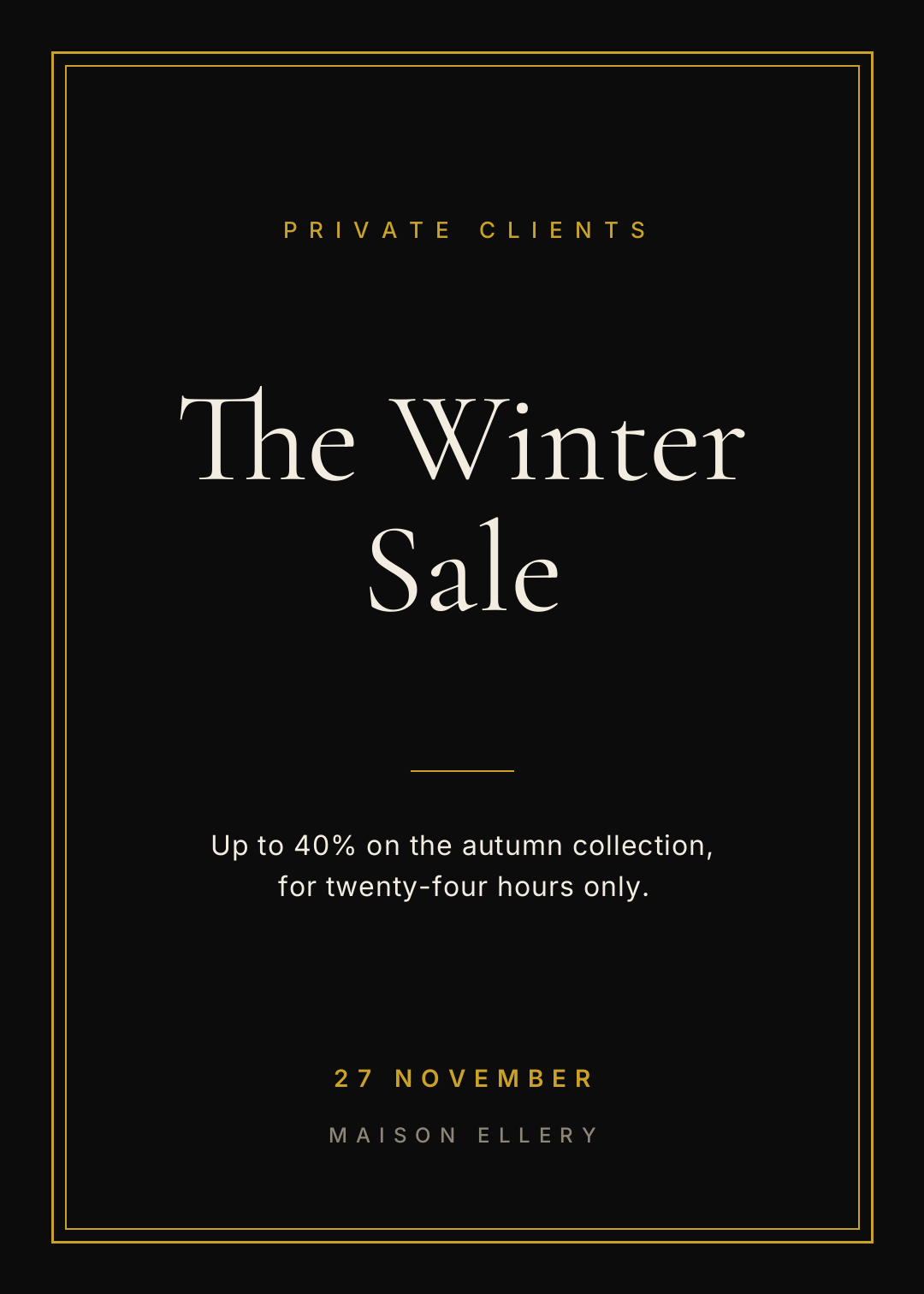 Black and gold Black Friday poster with a serif headline reading The Winter Sale