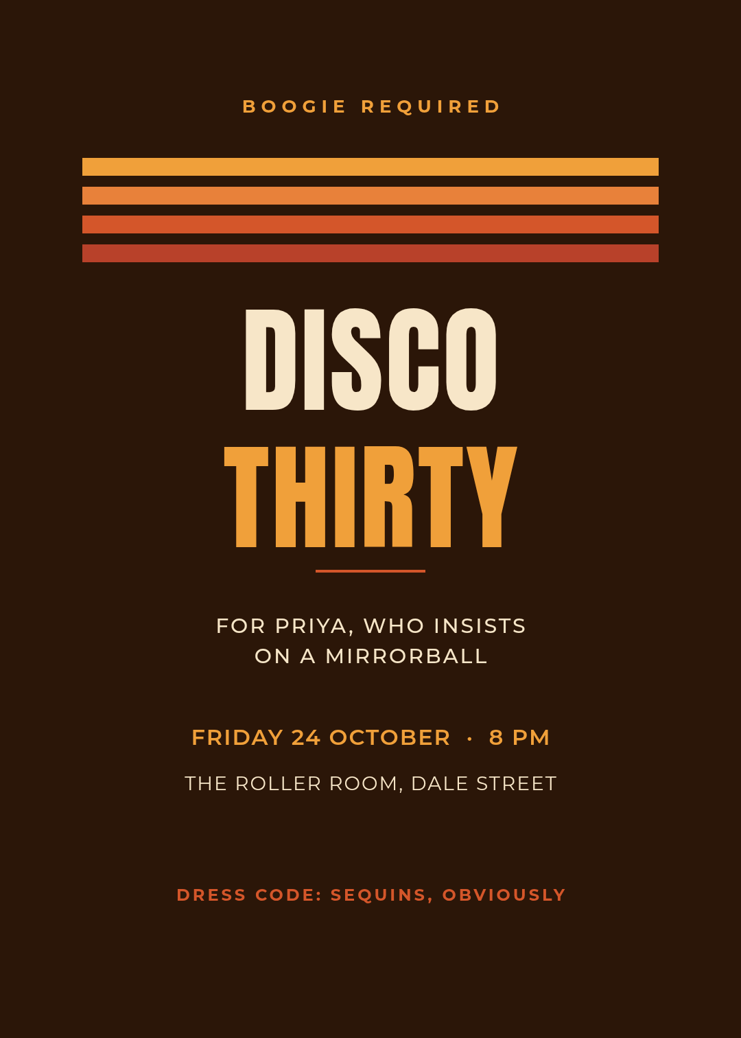 Retro disco 30th birthday invitation on cocoa brown with four amber-to-rust stripes above DISCO THIRTY in a tall condensed sans