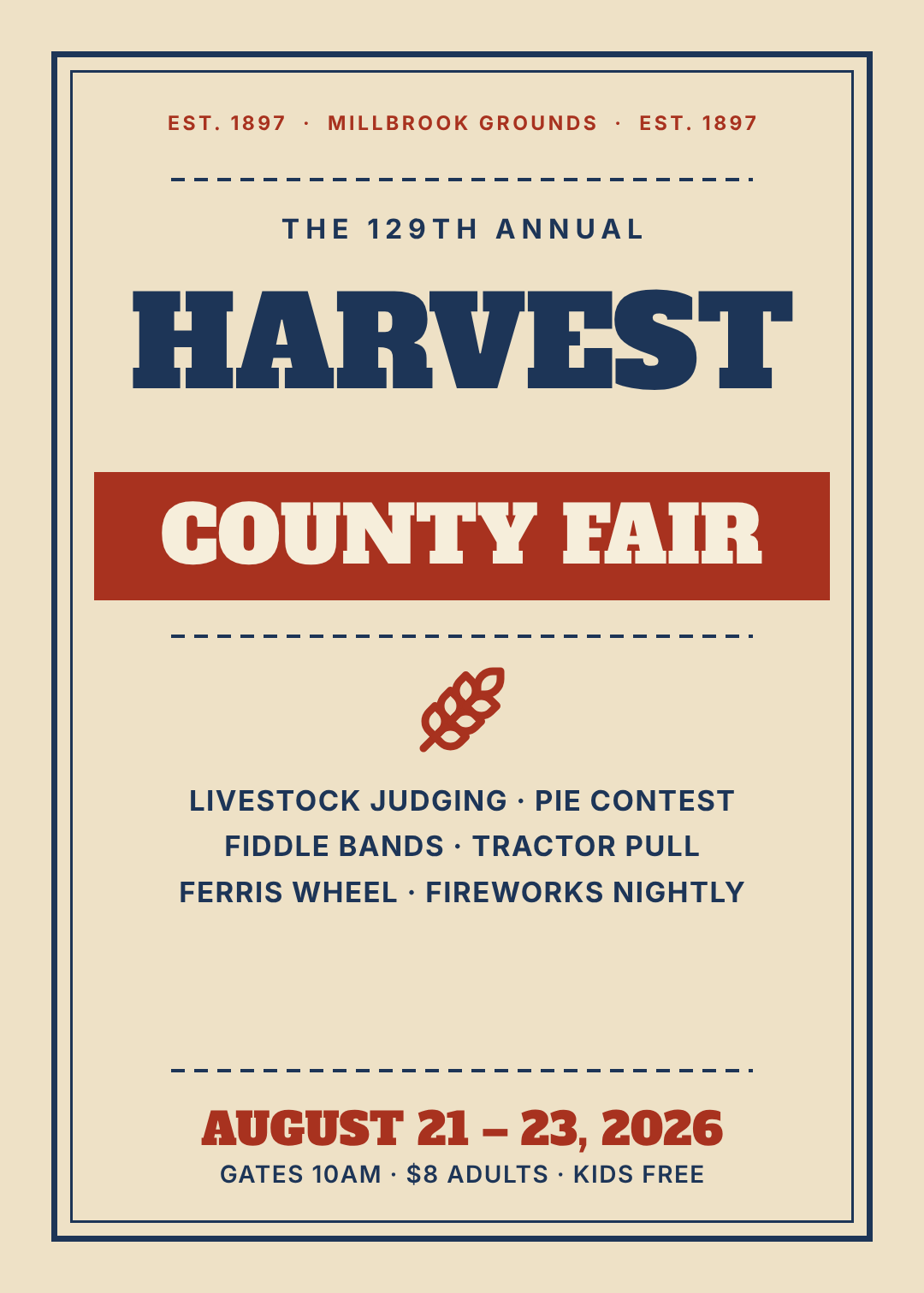 米色集市海报,双层深蓝边框、HARVEST 粗衬线标题,以及写着 COUNTY FAIR 的红色横幅