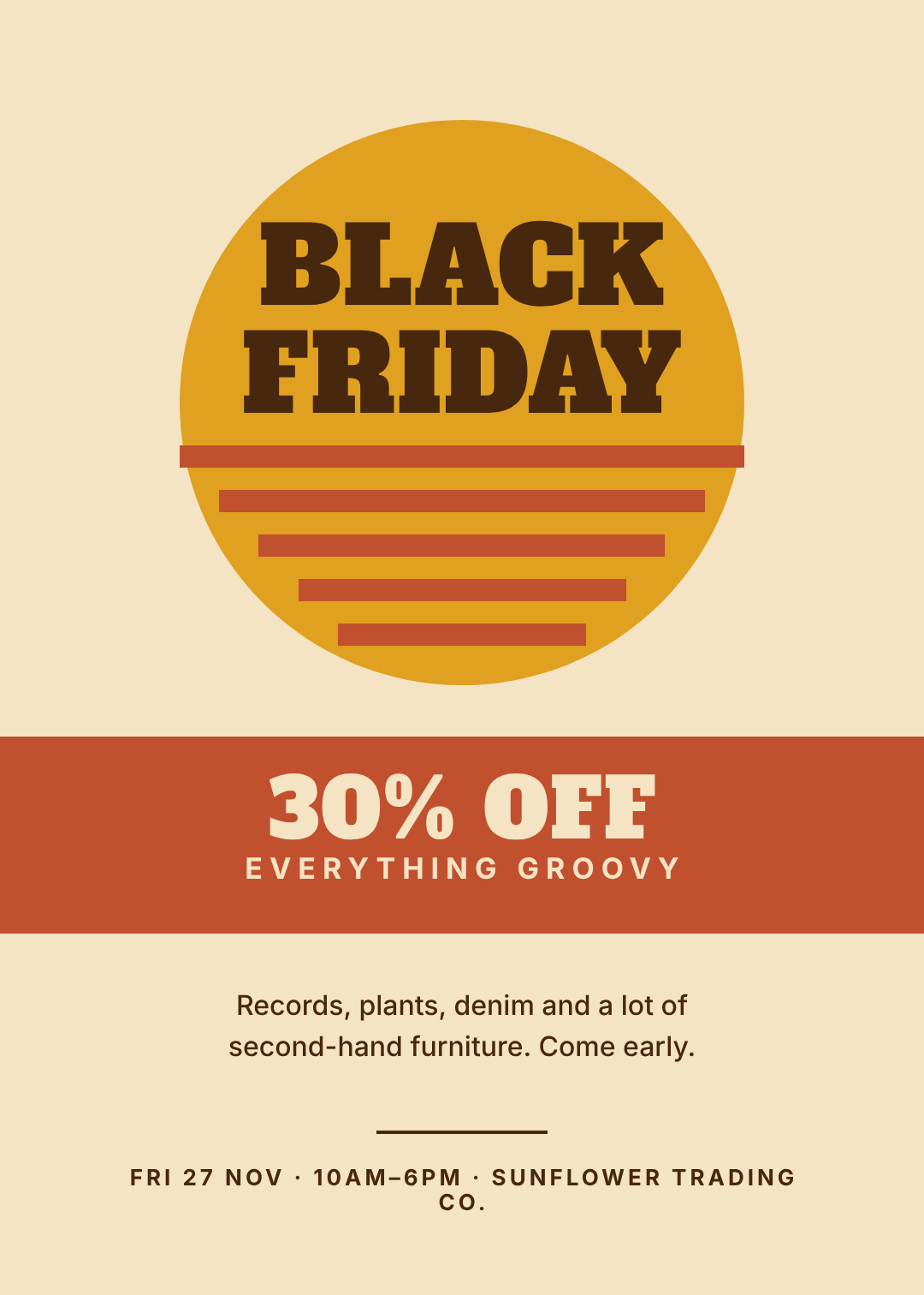 Cream and mustard retro Black Friday poster with a slab serif headline and a seventies sunset graphic