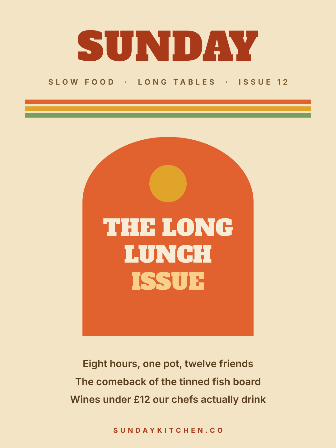 Seventies-style magazine cover with an orange arch shape and slab serif type