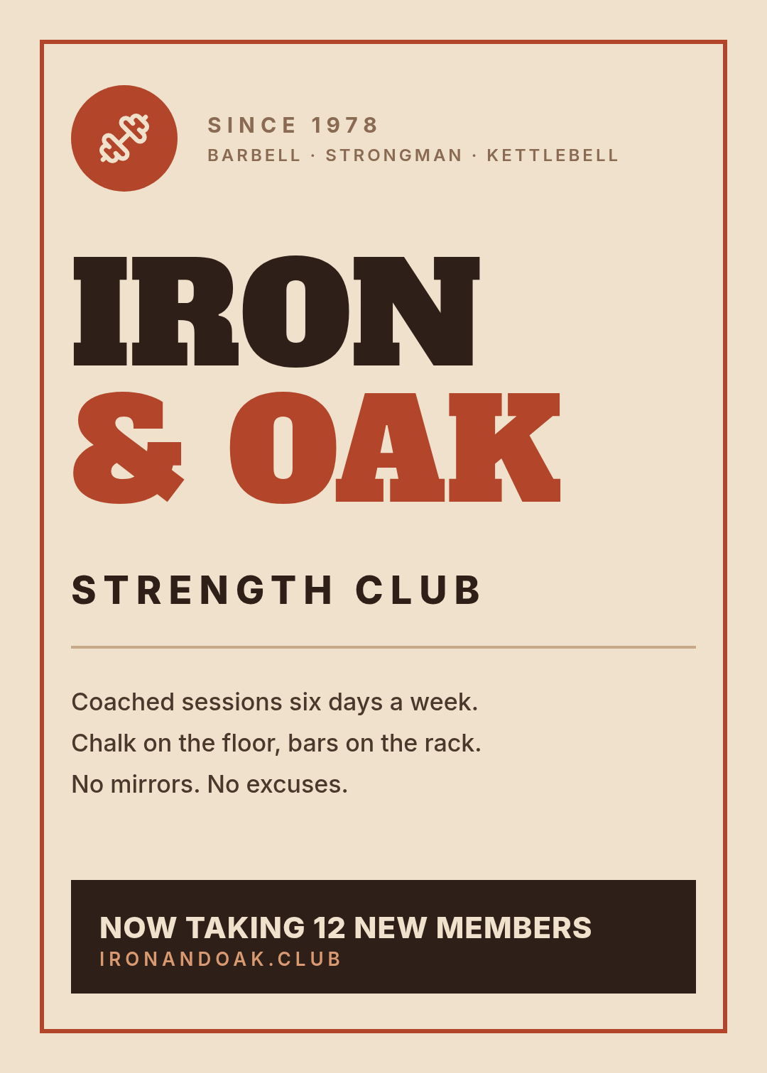 米色与锈红色的复古健身房海报,厚衬线标题 IRON & OAK,圆形哑铃徽章和深色横幅