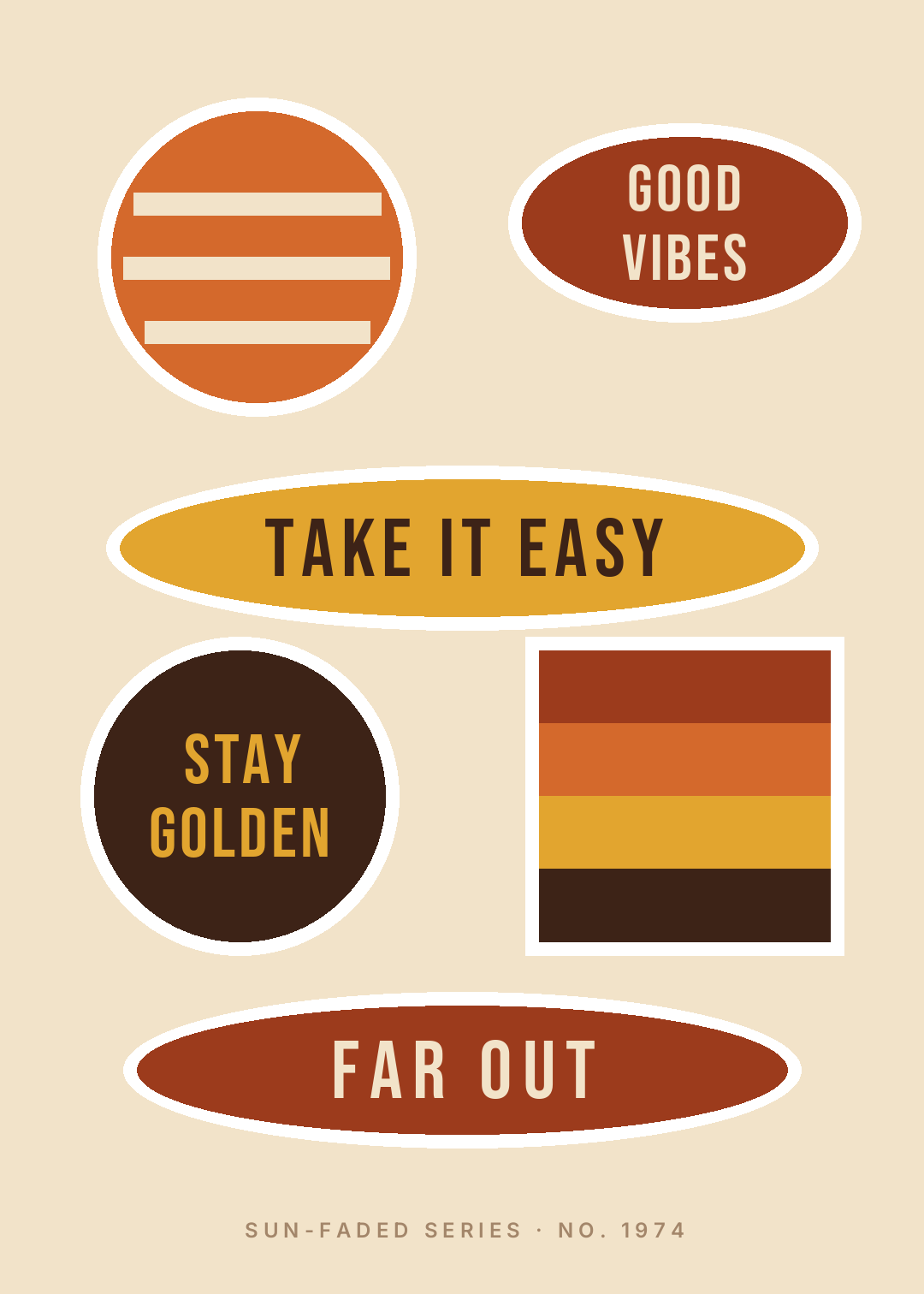 Sand-coloured sticker sheet in 1970s burnt orange, rust and mustard with a striped sun disc, GOOD VIBES, TAKE IT EASY, STAY GOLDEN, a four-band sunset square and FAR OUT