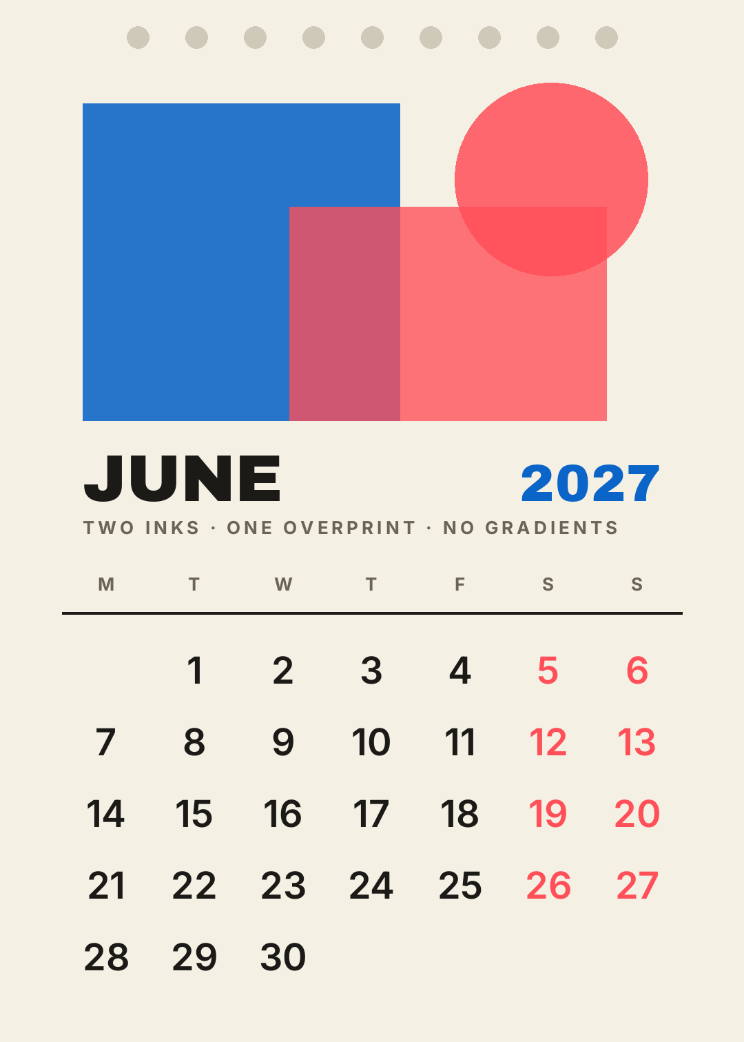 2027年6月のリソグラフ風壁掛けカレンダーデザイン。青と赤のインクの面が重なっている