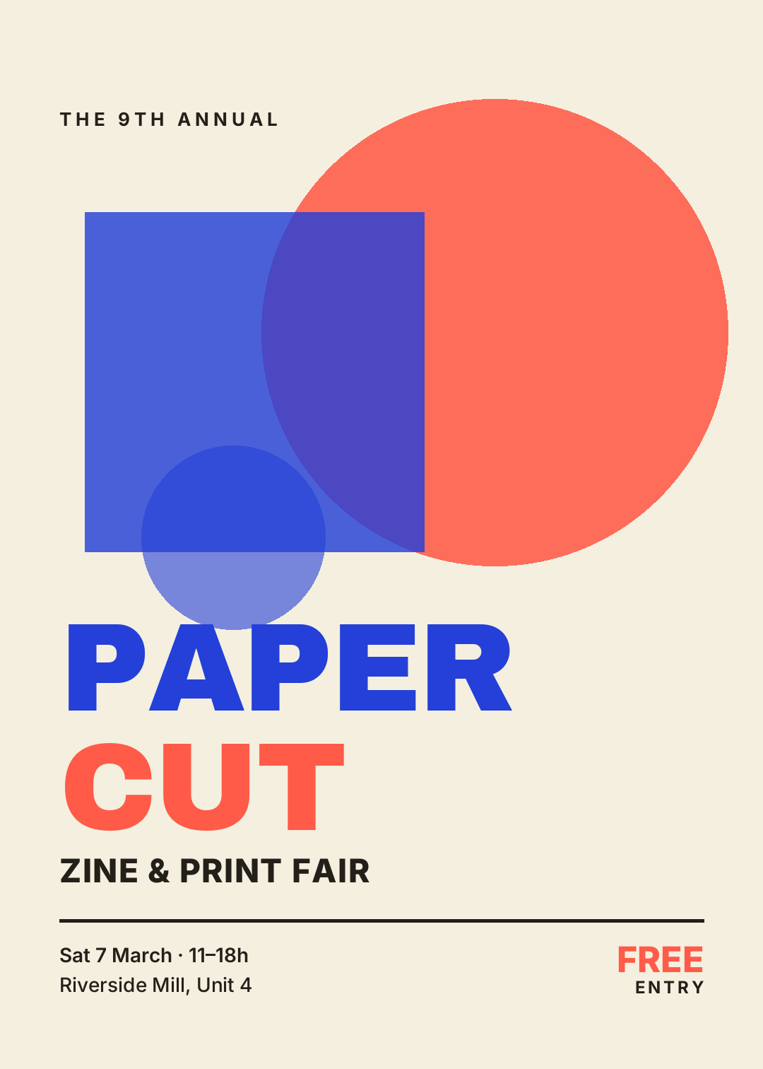 米色孔版海报,蓝色方块与珊瑚色圆形重叠,下方是粗重的 PAPER CUT 标题