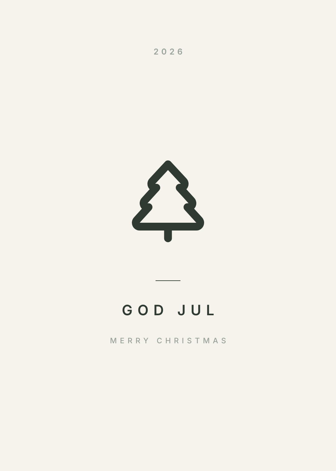 Minimalistische cremefarbene Weihnachtskarte mit einer feinen Strichtanne in der Mitte und GOD JUL in gesperrten Versalien