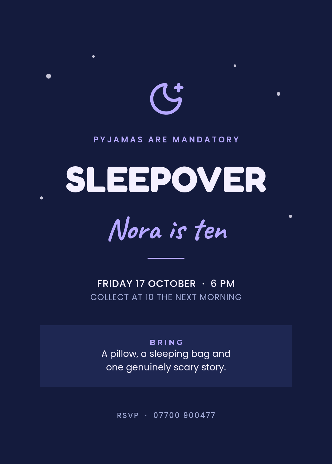 Sleepover birthday invitation on deep navy with pale star dots, a lilac moon icon, SLEEPOVER in a rounded sans and a panel listing what to bring