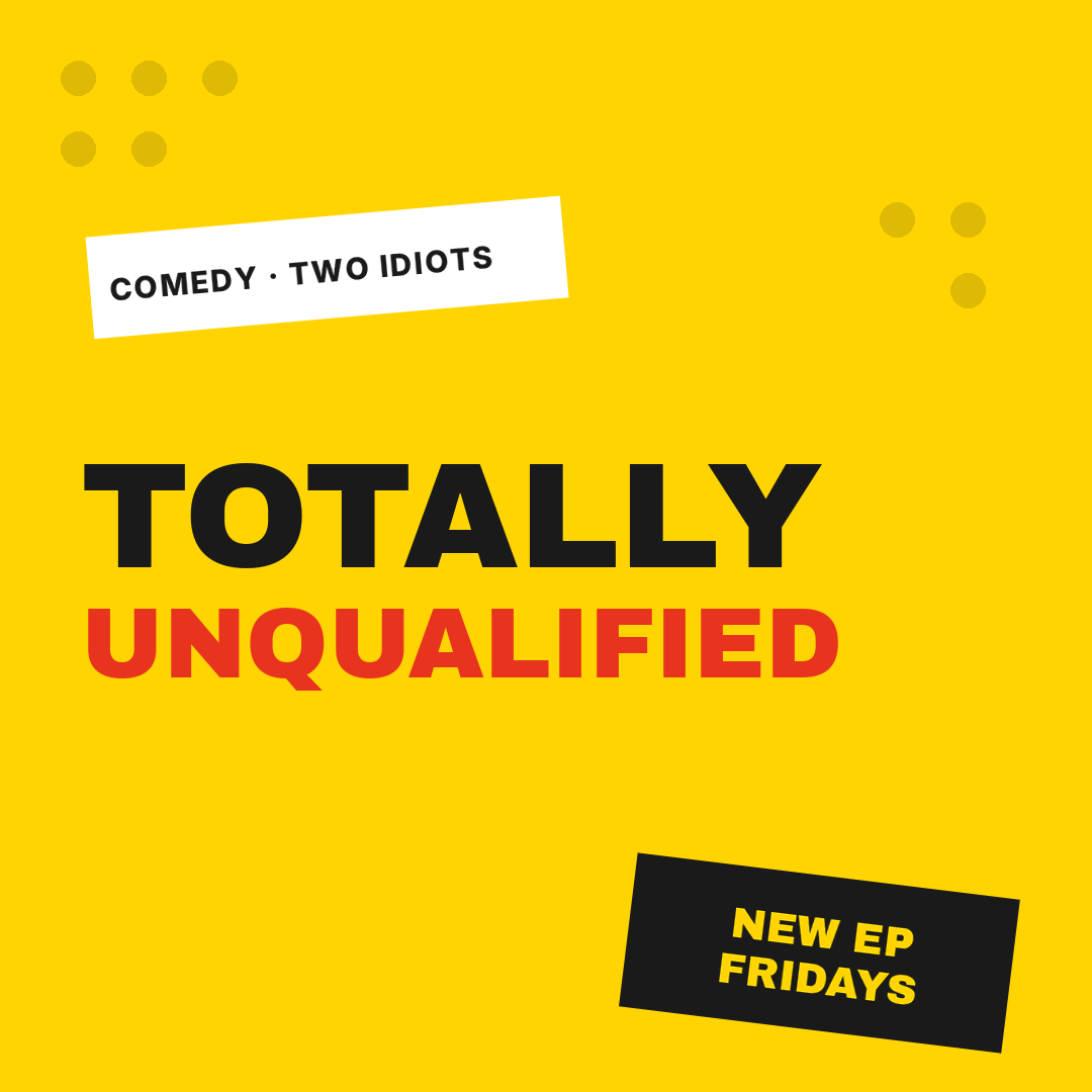 傾いたステッカーと、黒と赤のTOTALLY UNQUALIFIEDが入った明るい黄色のコメディカバー
