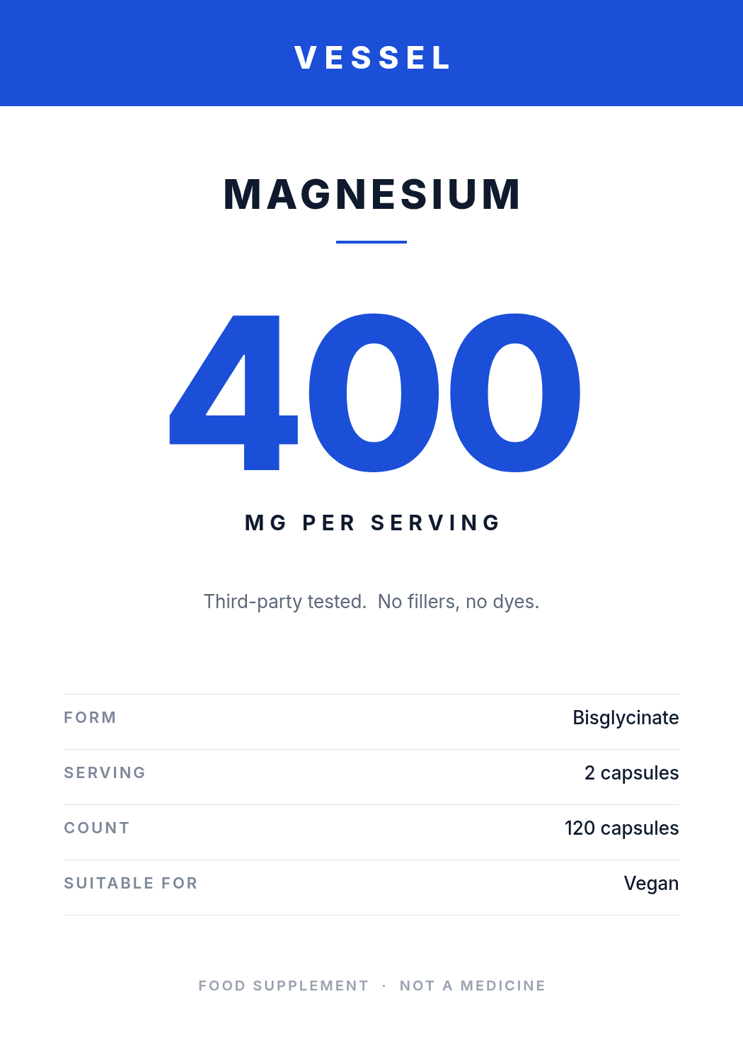 Rótulo branco de suplemento com faixa azul, MAGNESIUM, um 400 enorme a azul e uma tabela de quatro linhas