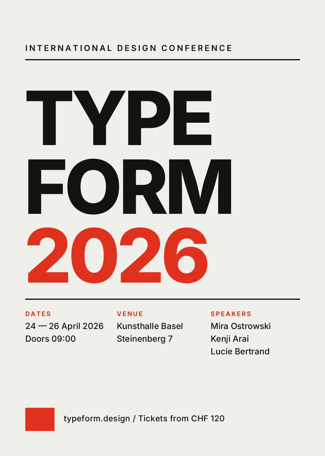 米白色活动海报,黑色无衬线巨型标题写着 TYPE FORM,2026 为红色,底部是三栏信息块